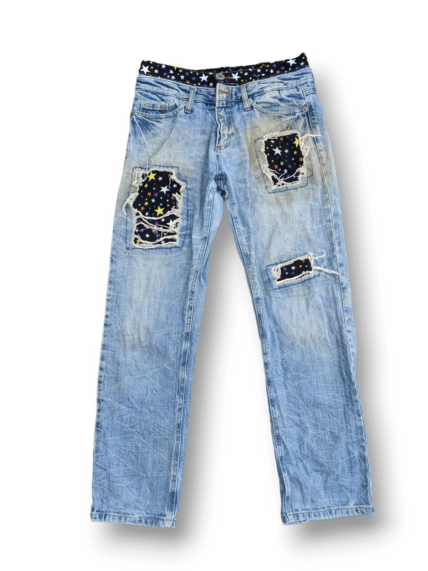 image of Archival Clothing x Distressed Denim s Double Waist Patchwork Denim Jeans in Blue Denim (Size 30)