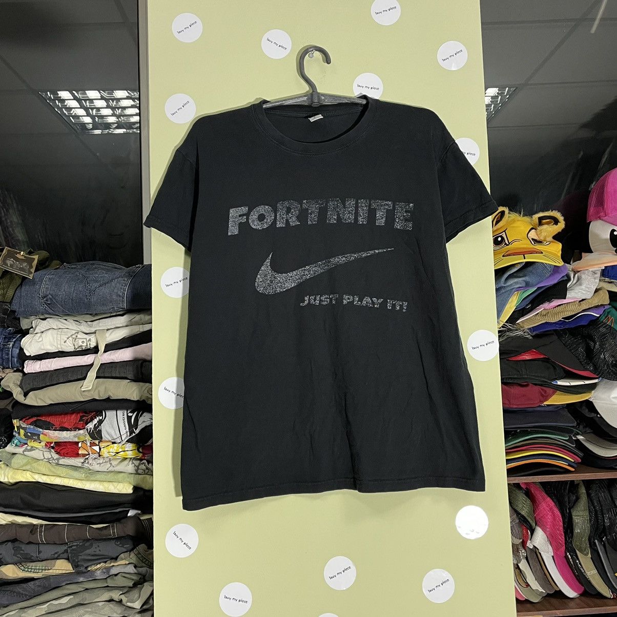 image of Y2K Adult “ Fortnite Just Play It ” Nike Humor Tee in Black, Men's (Size Small)