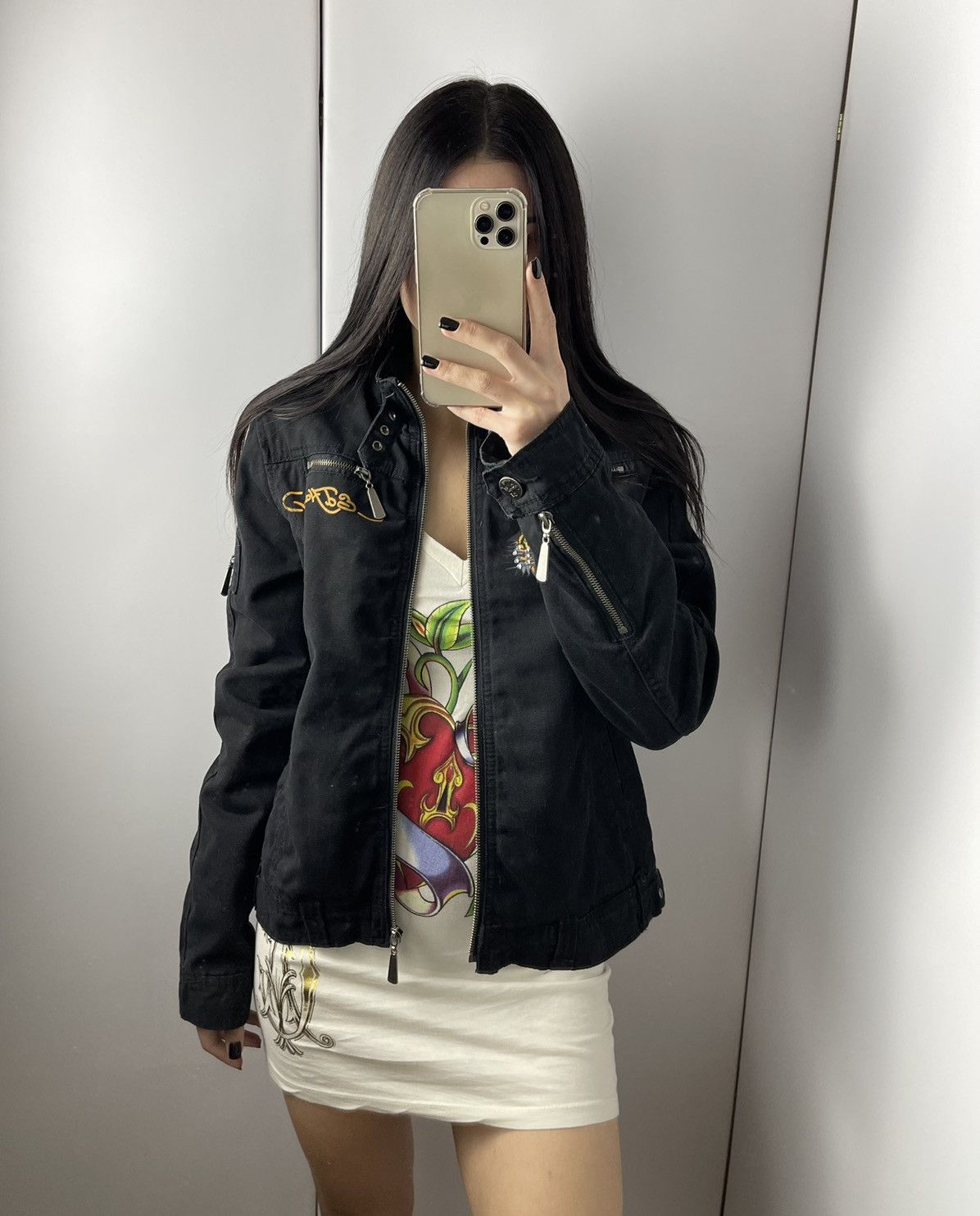 Ed Hardy vintage denim jacket black big tiger logo size M
