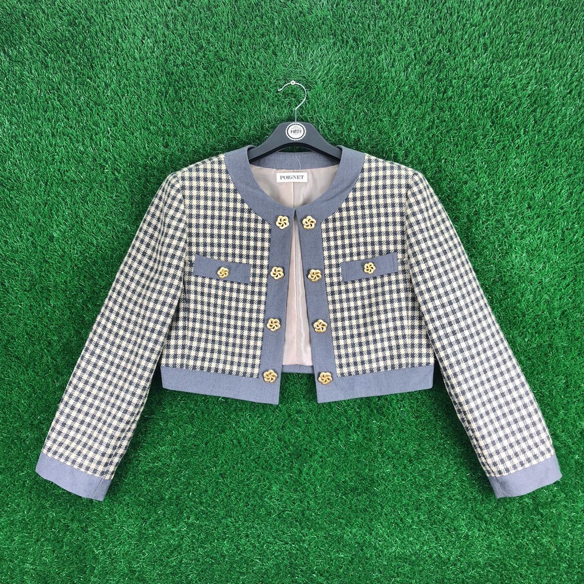 image of Vintage Women Cropped Jacket Checker Chanel Style Tweed in Grey (Size XS)