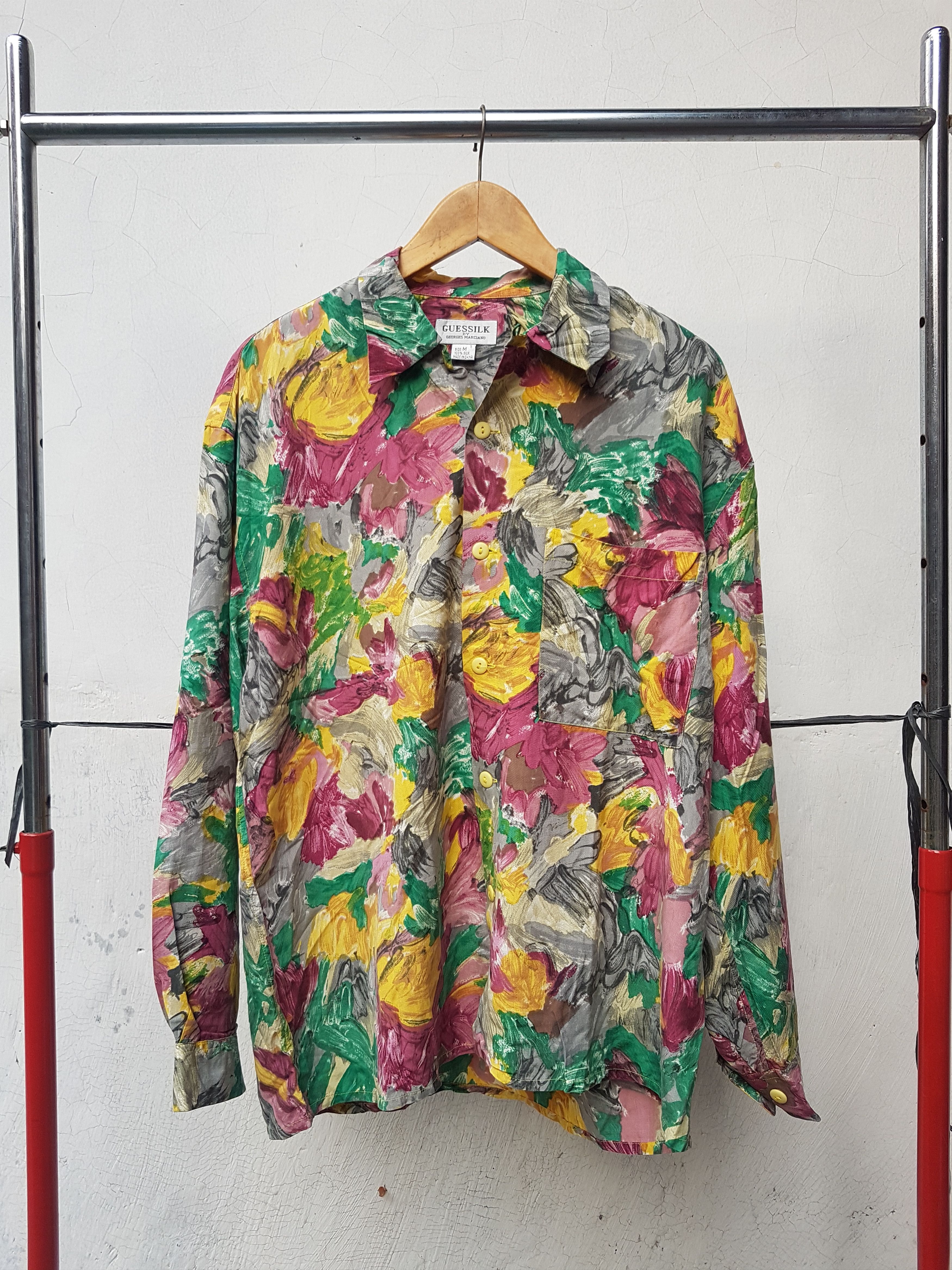 image of Art x Avant Garde Fit S To M, Vintage Guess Silk Shirt, Men's (Size Medium)