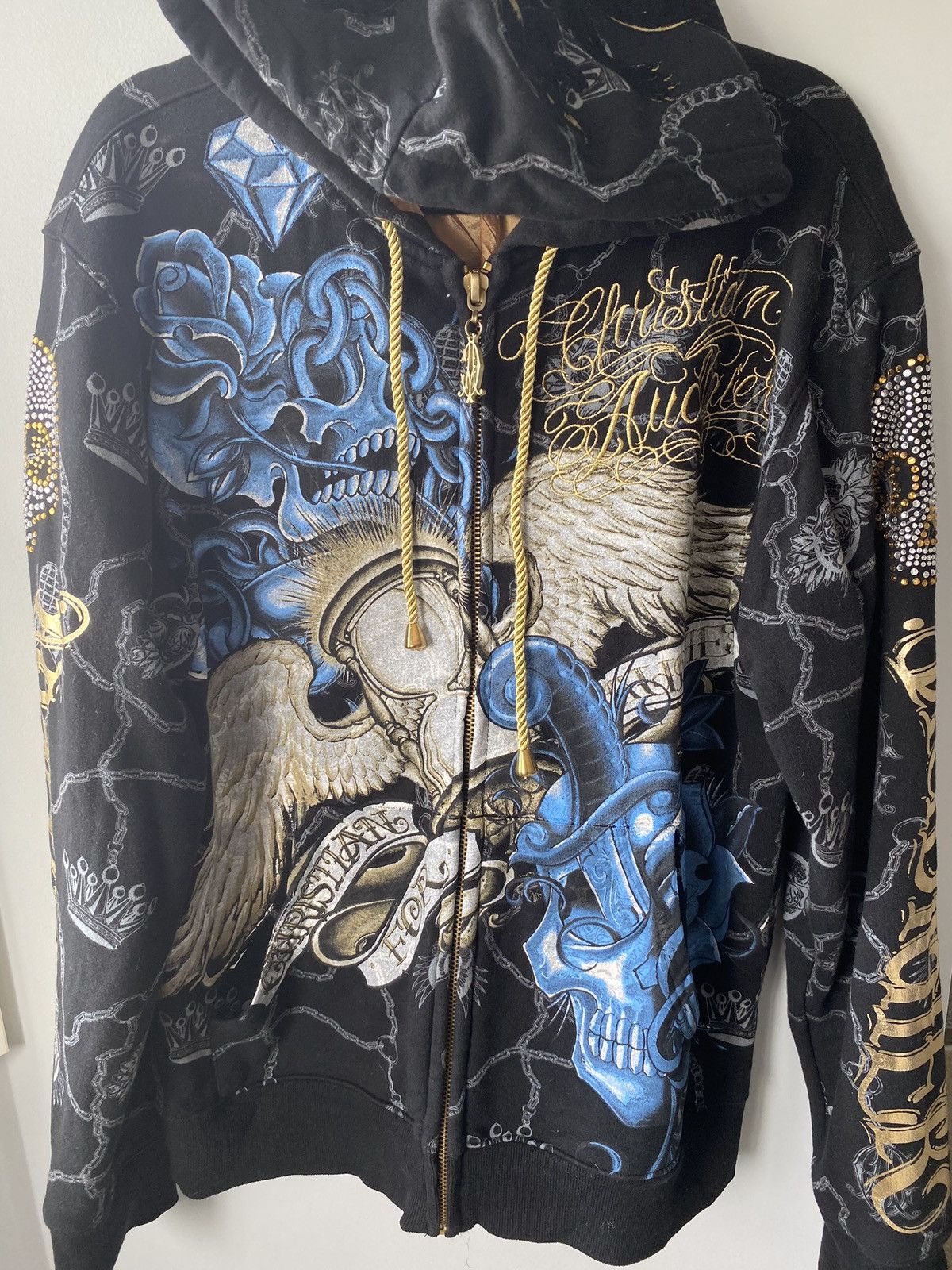 Christian Audigier Full Zip Hoodie Jacket Sweater Graphic Black Size L store