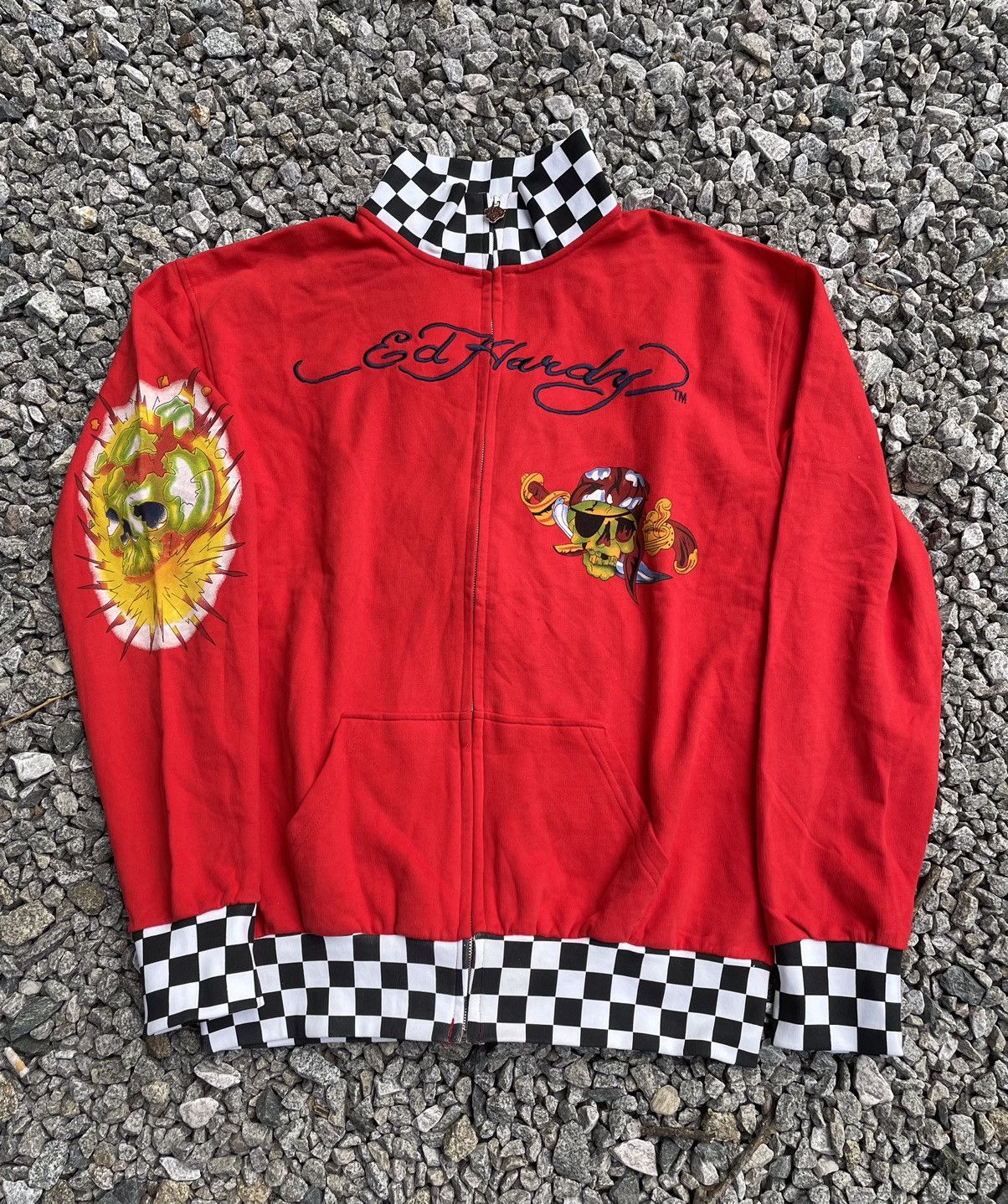 Vintage Y2k Ed Hardy Christian Audigier Checkerboard Red Zip