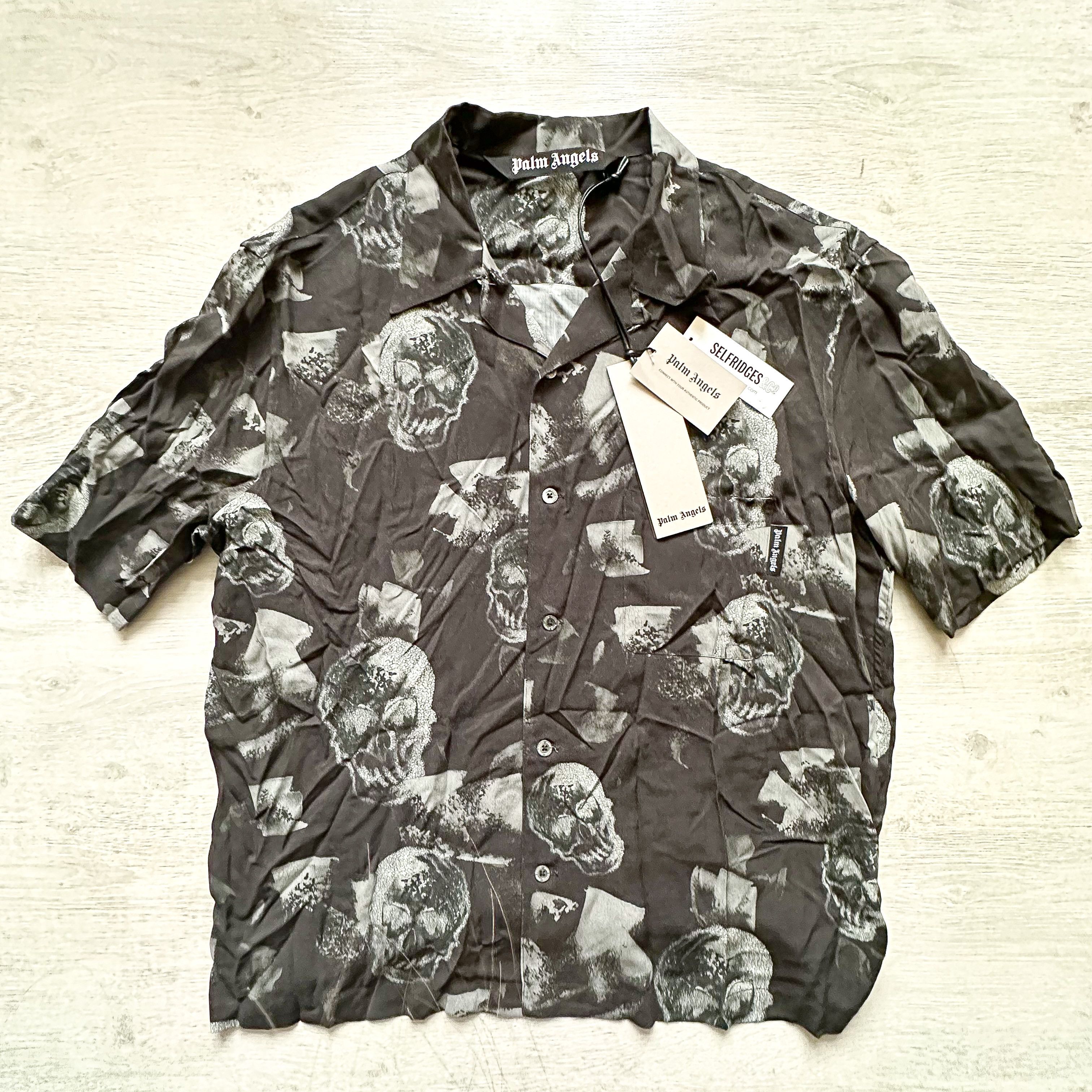 image of Palm Angels Skull-Print Short-Sleeved Shirt in Grey, Men's (Size Medium)