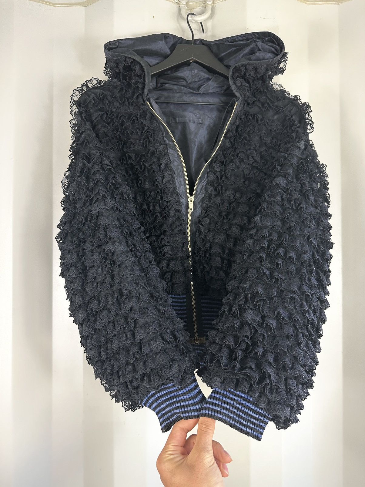 image of Jean Paul Gaultier Ruffled Reversible Bomber Jacket in Black, Women's (Size Medium)