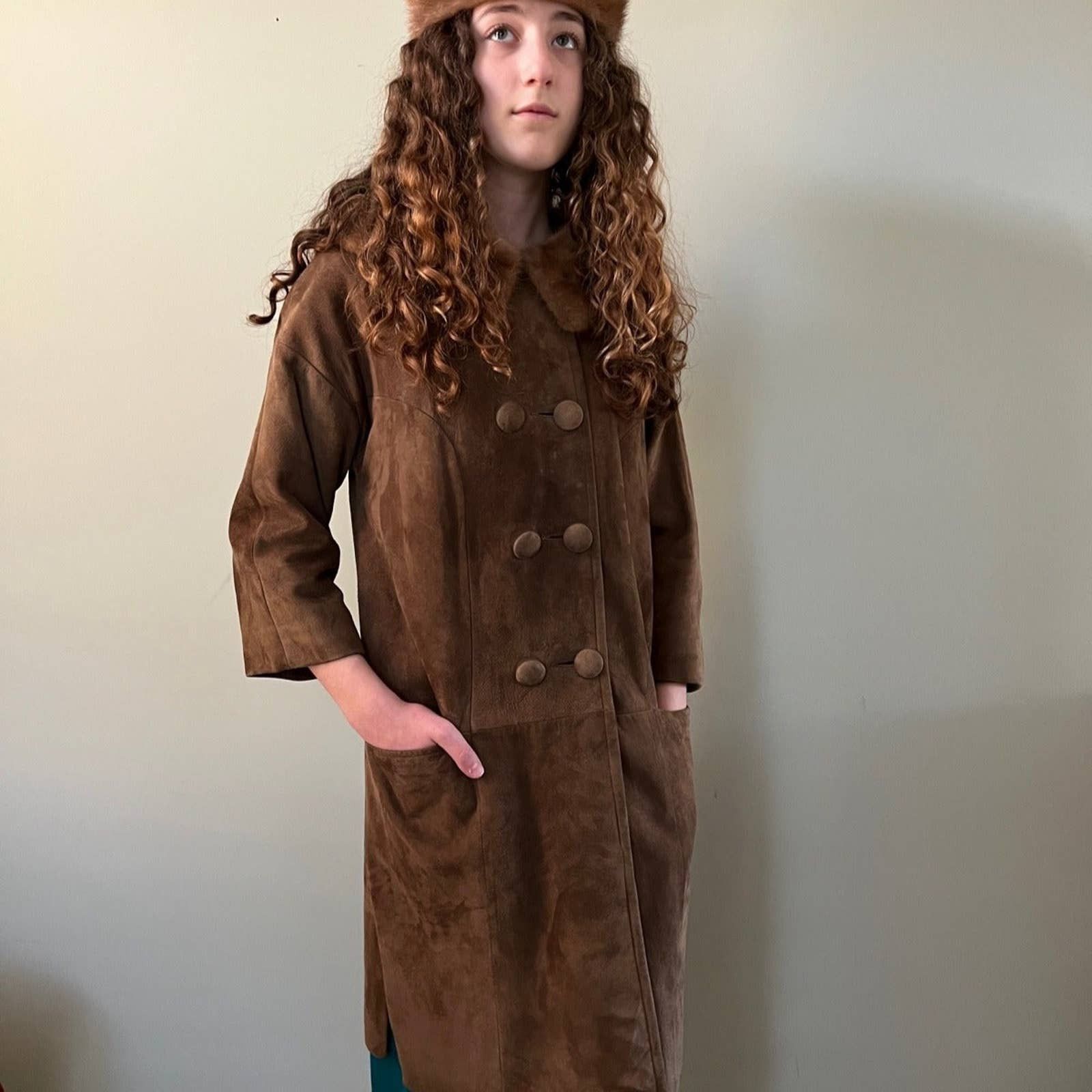 Bohemian Boho Light Tan Brown Leather Suede Coat Fur Collar