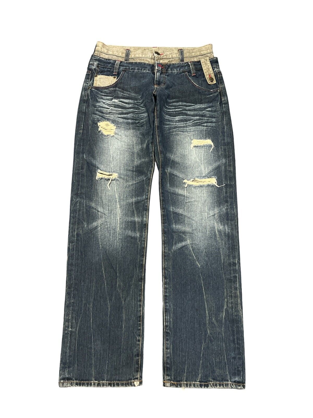 Pre-owned Vintage Double Waistunknown Brand Ripped Distressed Denim Pant In Blue
