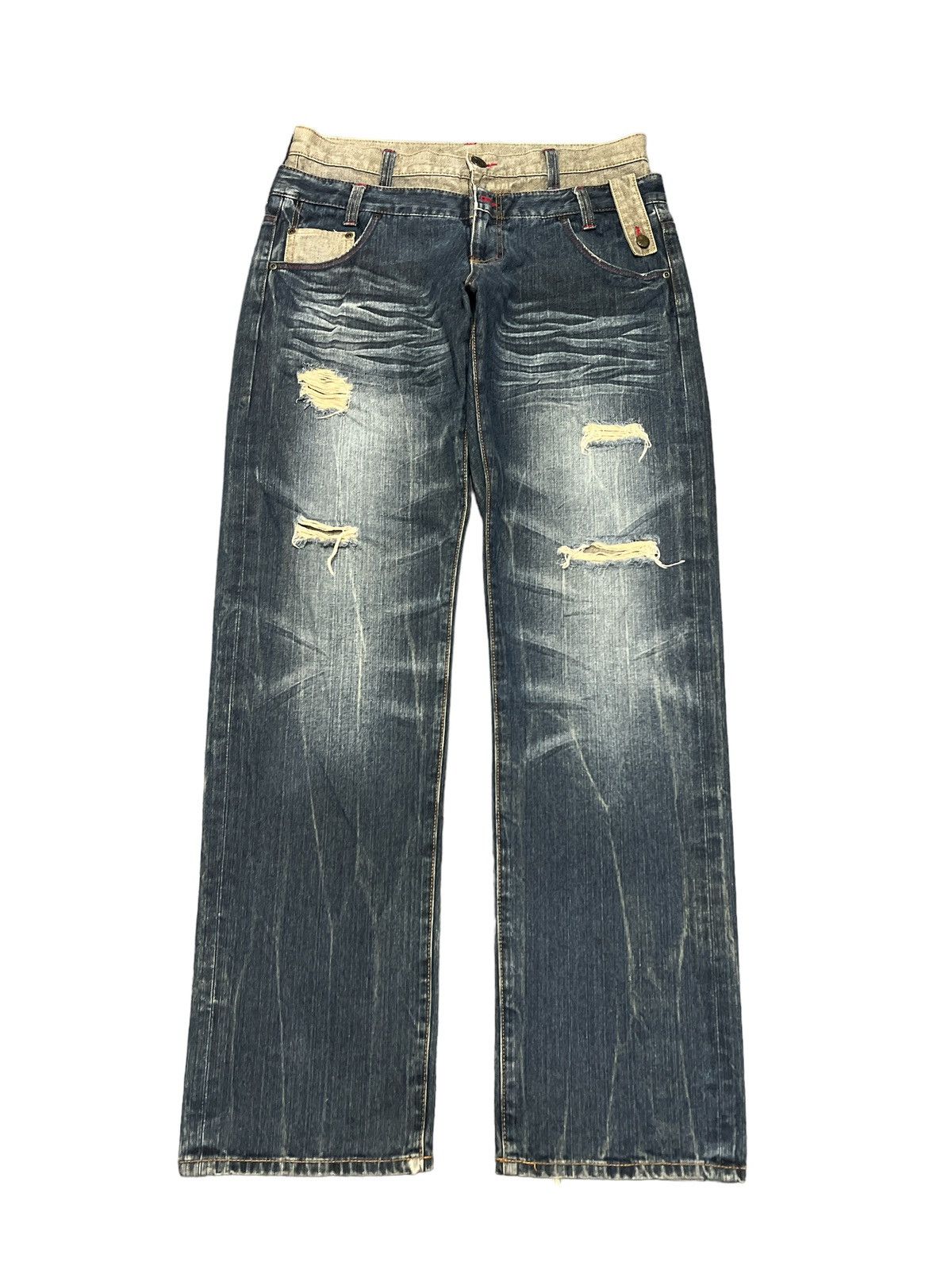 image of Vintage Double Waistunknown Brand Ripped Distressed Denim Pant in Blue, Men's (Size 33)