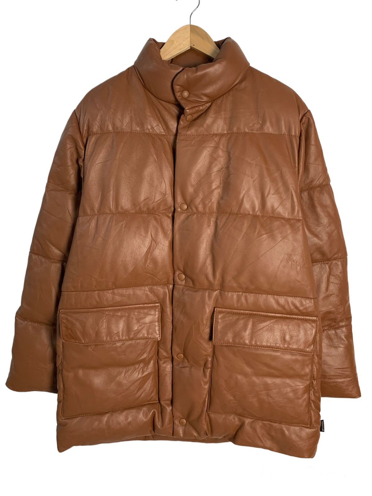 image of Moncler Monclear Leather Down Jacket in Brown, Men's (Size Large)