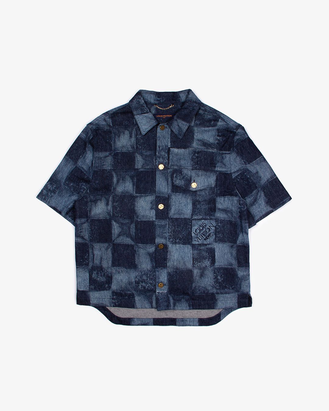 Image of Louis Vuitton Salt Damier Denim Short Sleeve Button Up in Blue, Men's (Size 2XL)