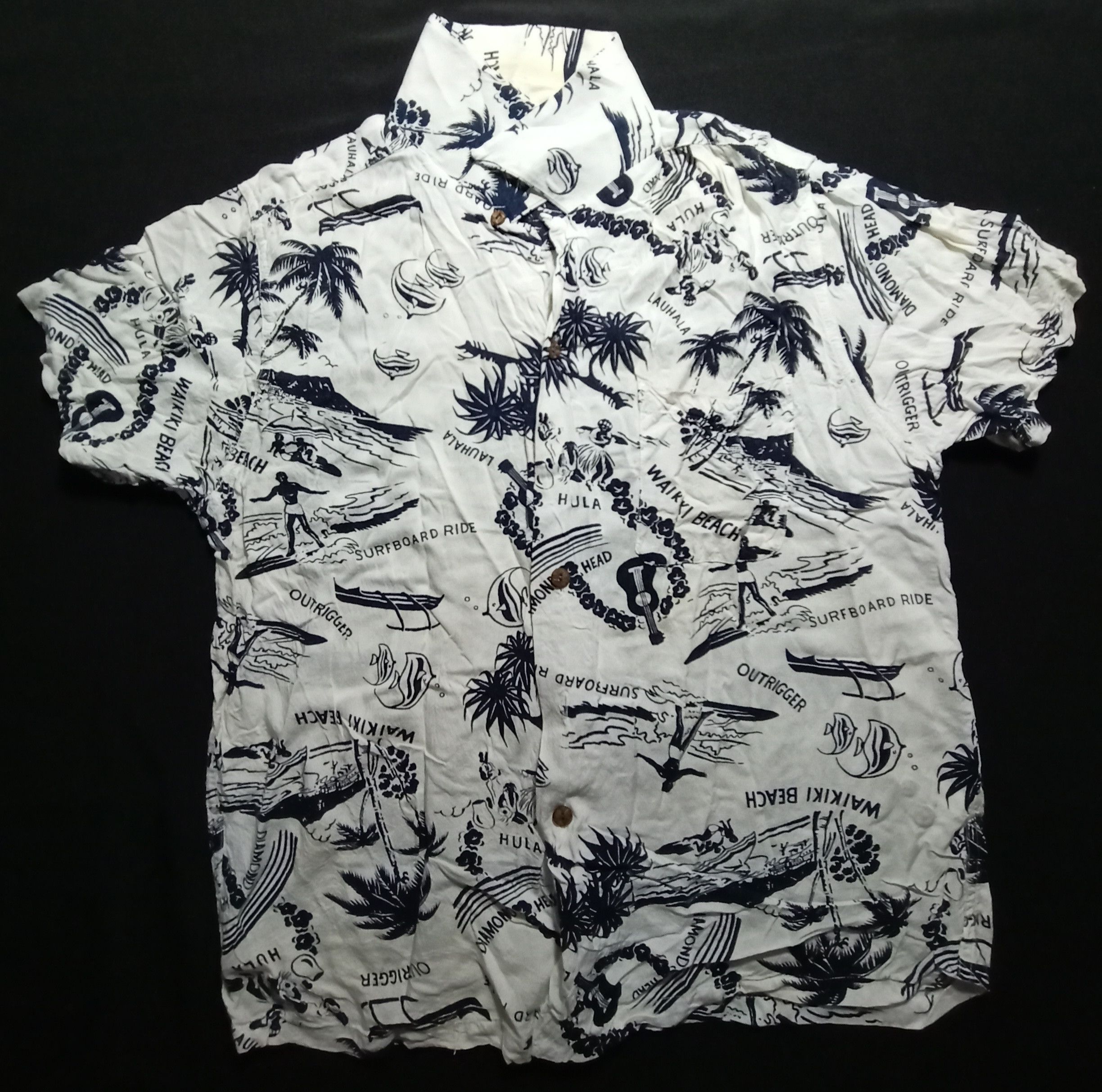 Image of Hawaiian Shirt x Vintage Billy Stone’S Wakiki Beach Hawaiian Flowers Shirt in White Blue (Size Smal