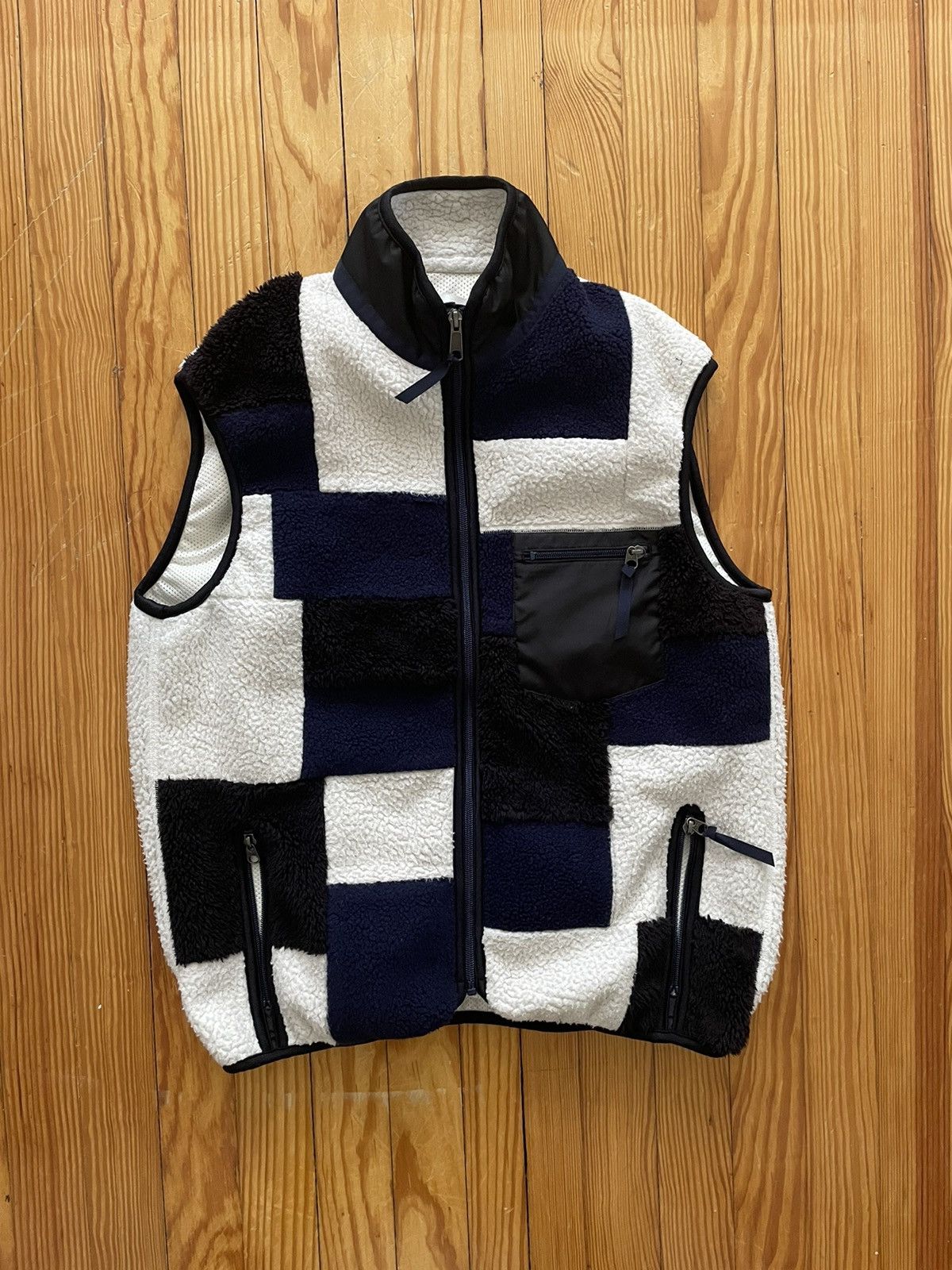 image of Comme Des Garcons x Ganryu Gangryu Patchwork Fleece Vest Cream / Navy / Black 2016 in Cream/Navy/Bl