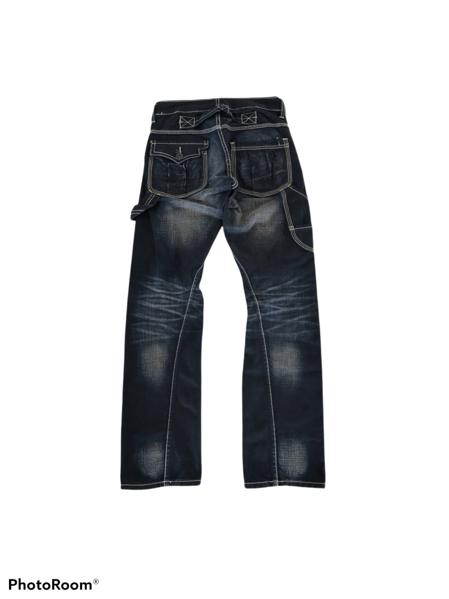 image of Archival Clothing x Distressed Denim Made In Japan Carpenter Back Number Pants in Black Blue (Size 