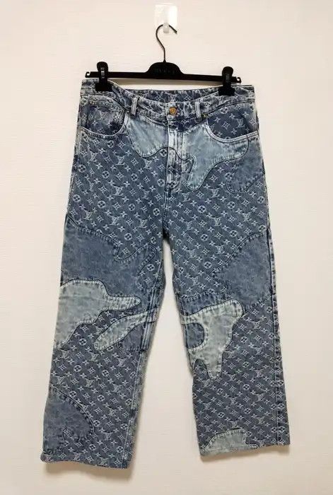 image of Louis Vuitton x Nigo 'lv Made' Monogram Patchwork Denim Jeans in Indigo, Men's (Size 31)