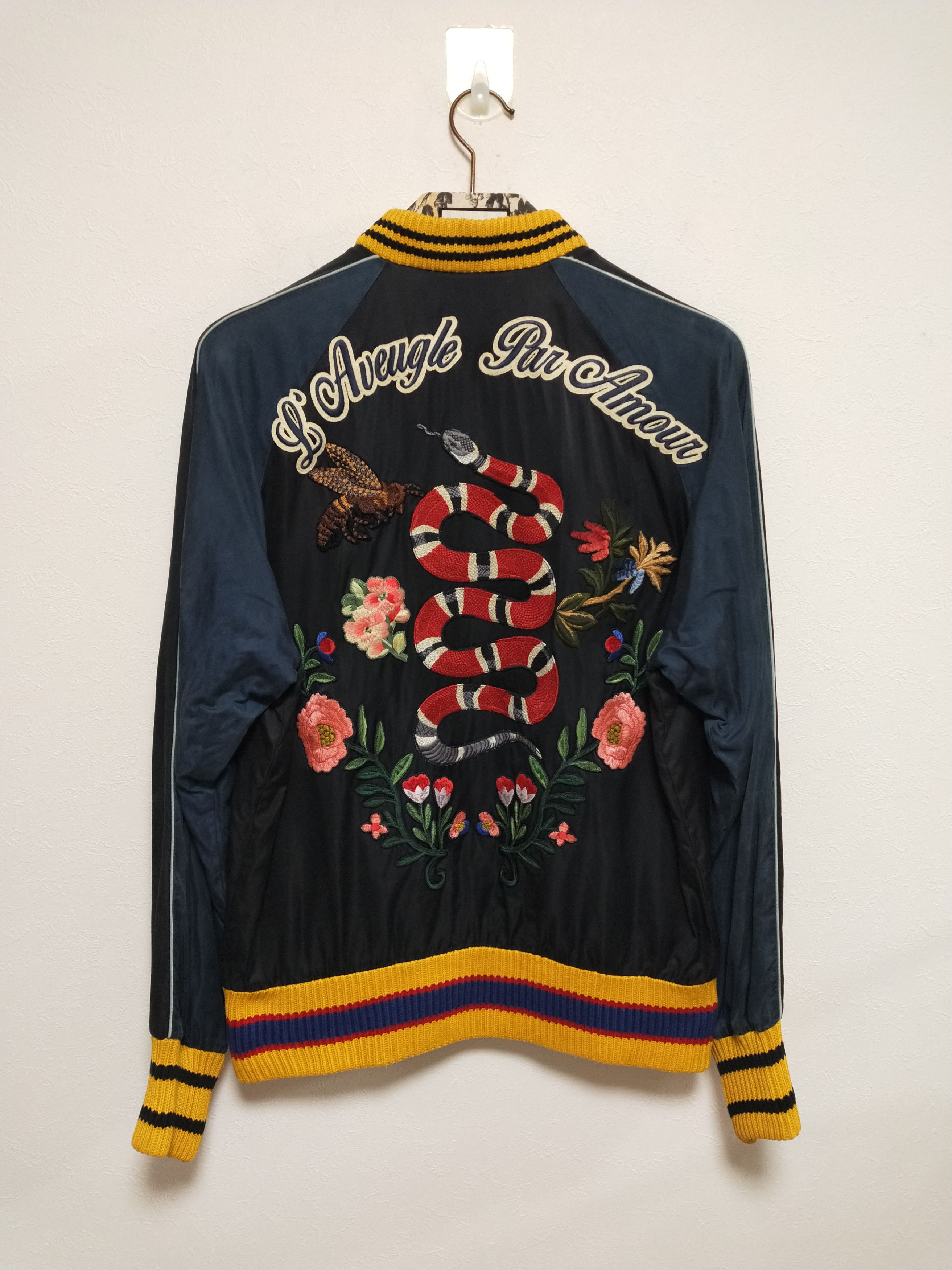 image of Gucci Snake Embroidered Applique Silk Bomber in Black, Men's (Size Medium)