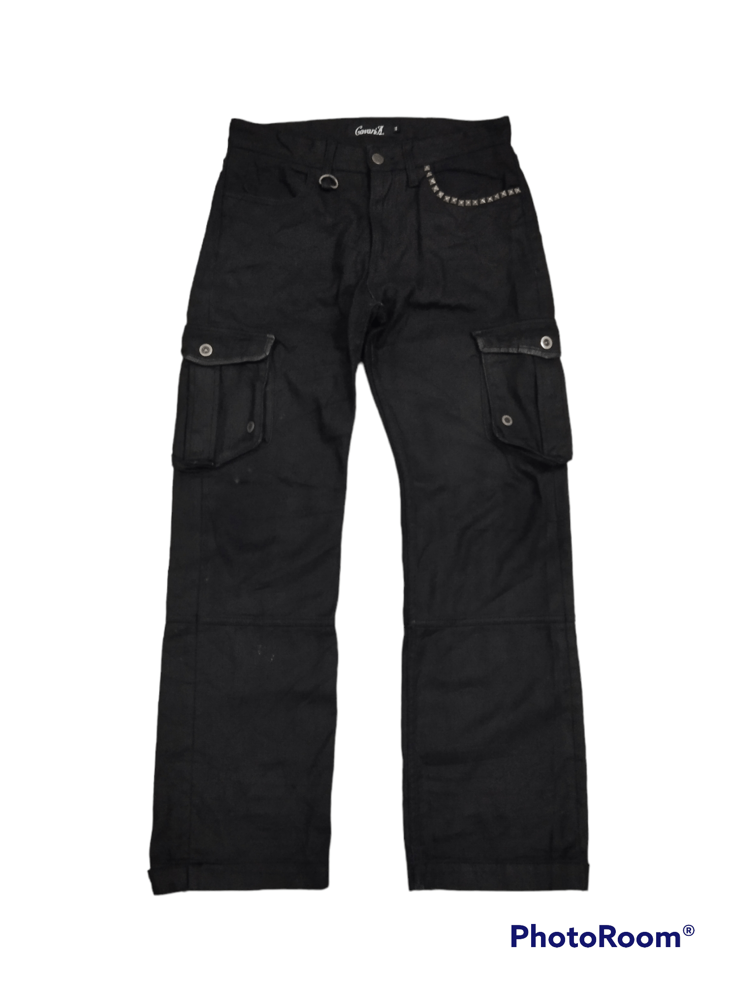 image of Avant Garde x Distressed Denim Cavaria Studded Bondage Cargo Pants in Black, Men's (Size 29)