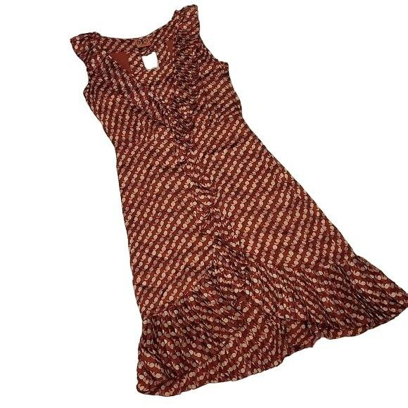 Tory Burch Janetta Midi Dress Silk Blend Ruffle Red Rust 0