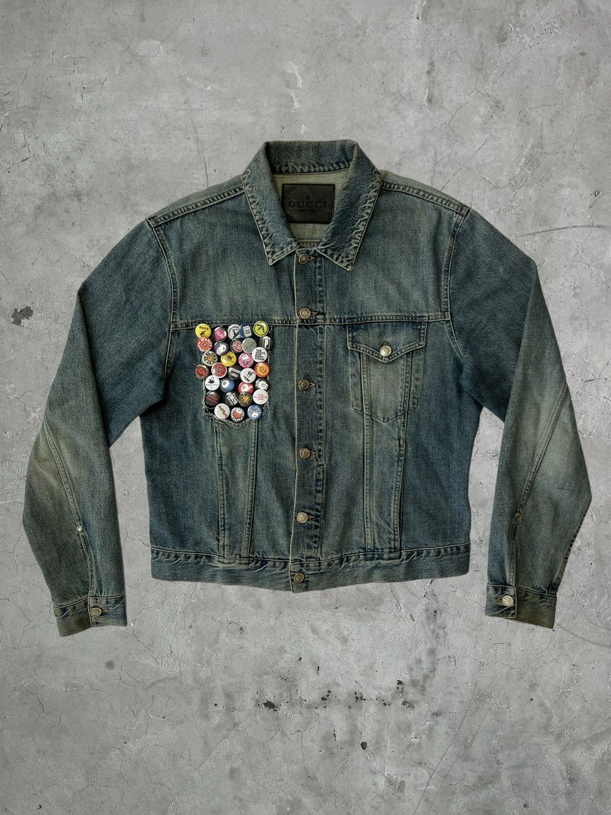 image of Gucci Denim Jacket With Pins, Men's (Size Large)