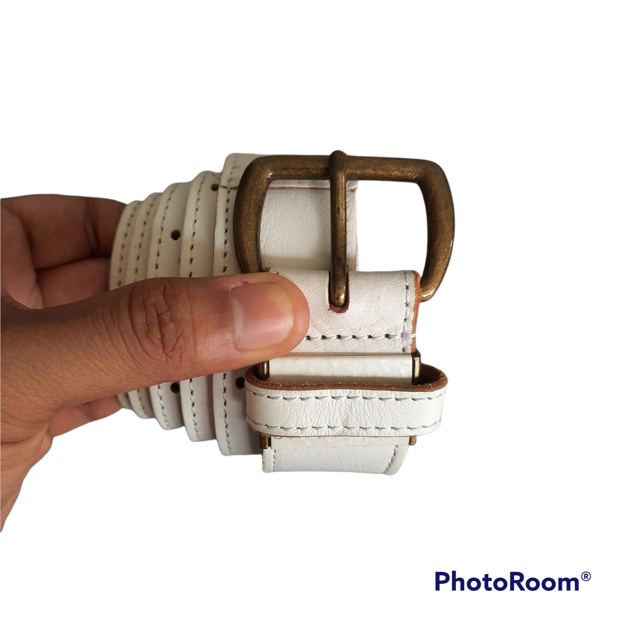 image of Archival Clothing x Buckle Solid Brass Crafted White Leather Belt, Men's