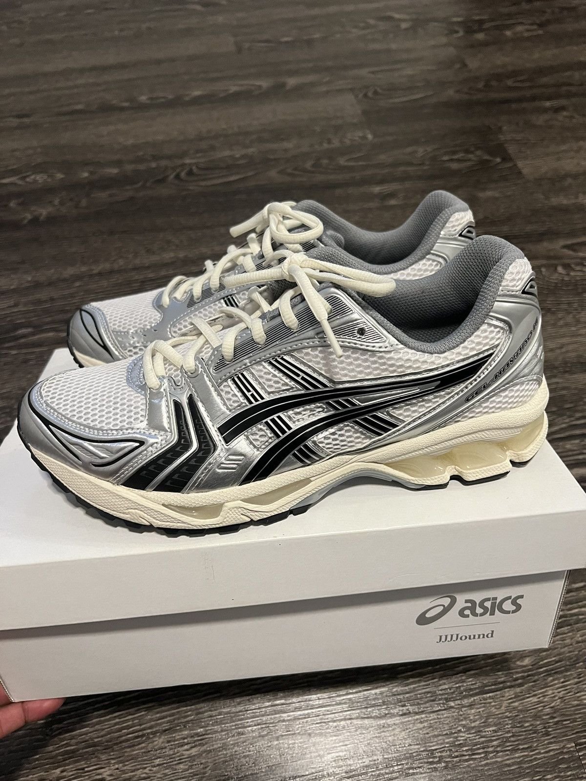 asics gel kayano 14 jjjjound silver black on feet