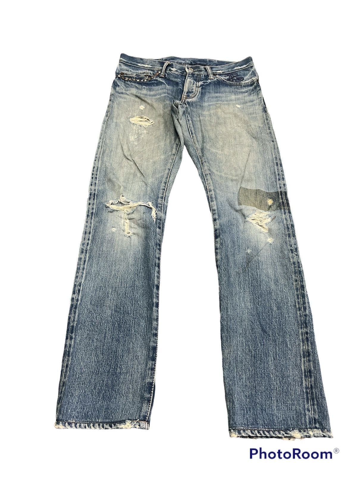 Japanese Brand THRASHED HYSTERIC GLAMOUR STUDDED SALVAGE DENIM PANTS Size US 29 - 2 Thumbnail