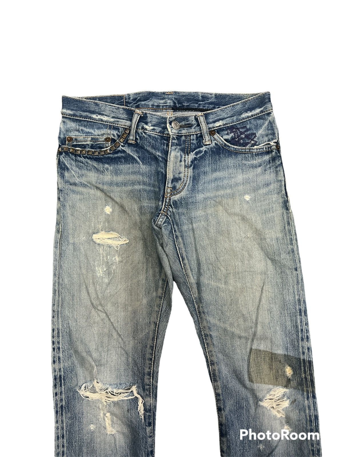Japanese Brand THRASHED HYSTERIC GLAMOUR STUDDED SALVAGE DENIM PANTS Size US 29 - 3 Thumbnail