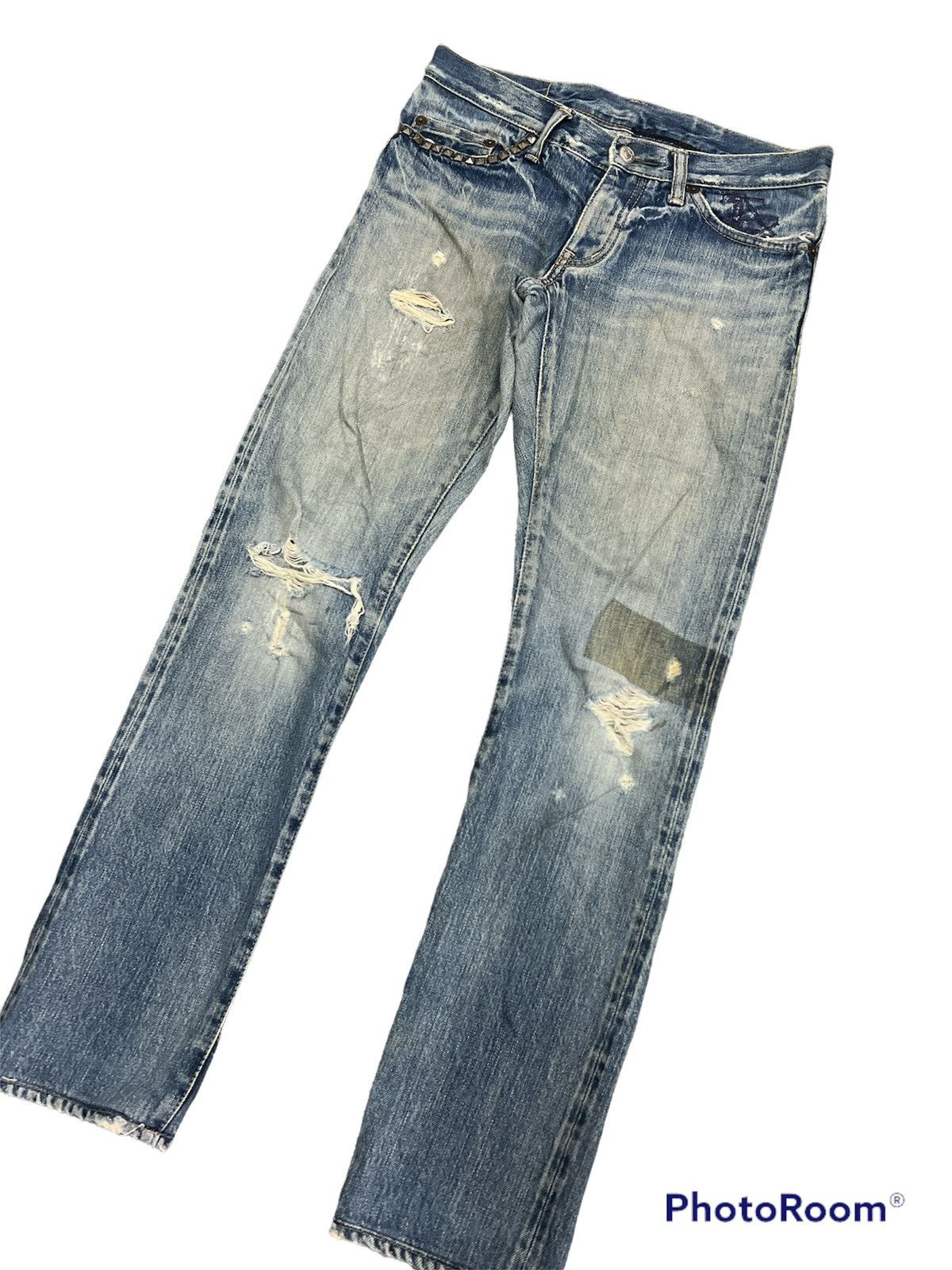 Japanese Brand THRASHED HYSTERIC GLAMOUR STUDDED SALVAGE DENIM PANTS Size US 29 - 4 Thumbnail