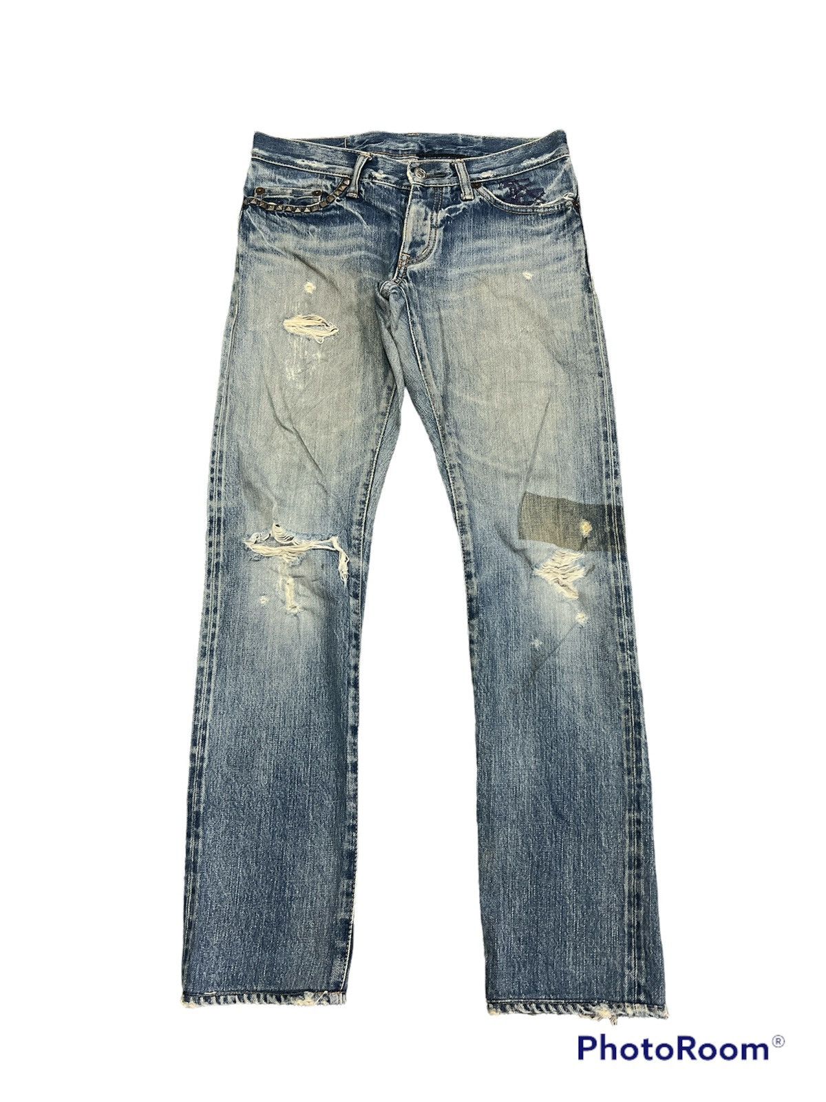 image of Avant Garde Thrashed Hysteric Glamour Studded Salvage Denim Pants in Blue, Men's (Size 29)