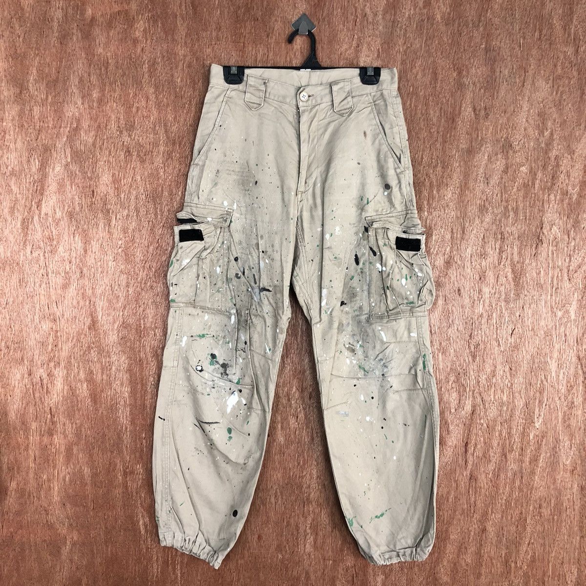 image of Stay Dirty Japan Brown Multipocket Thrased Paint Cargo Pants C934, Men's (Size 26)