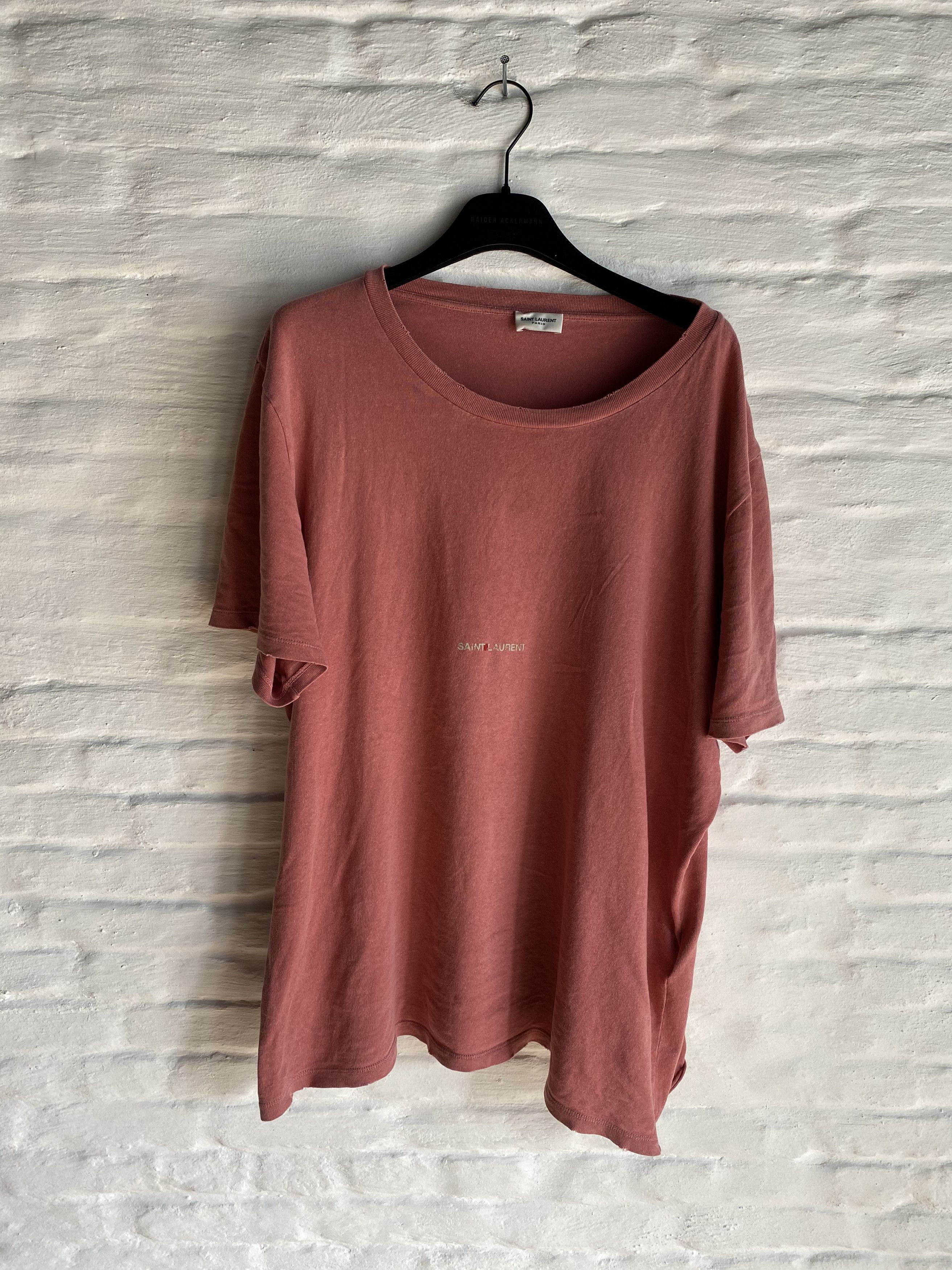 image of Saint Laurent Paris Size Xxl Distressed Logo Tee in Pink, Men's