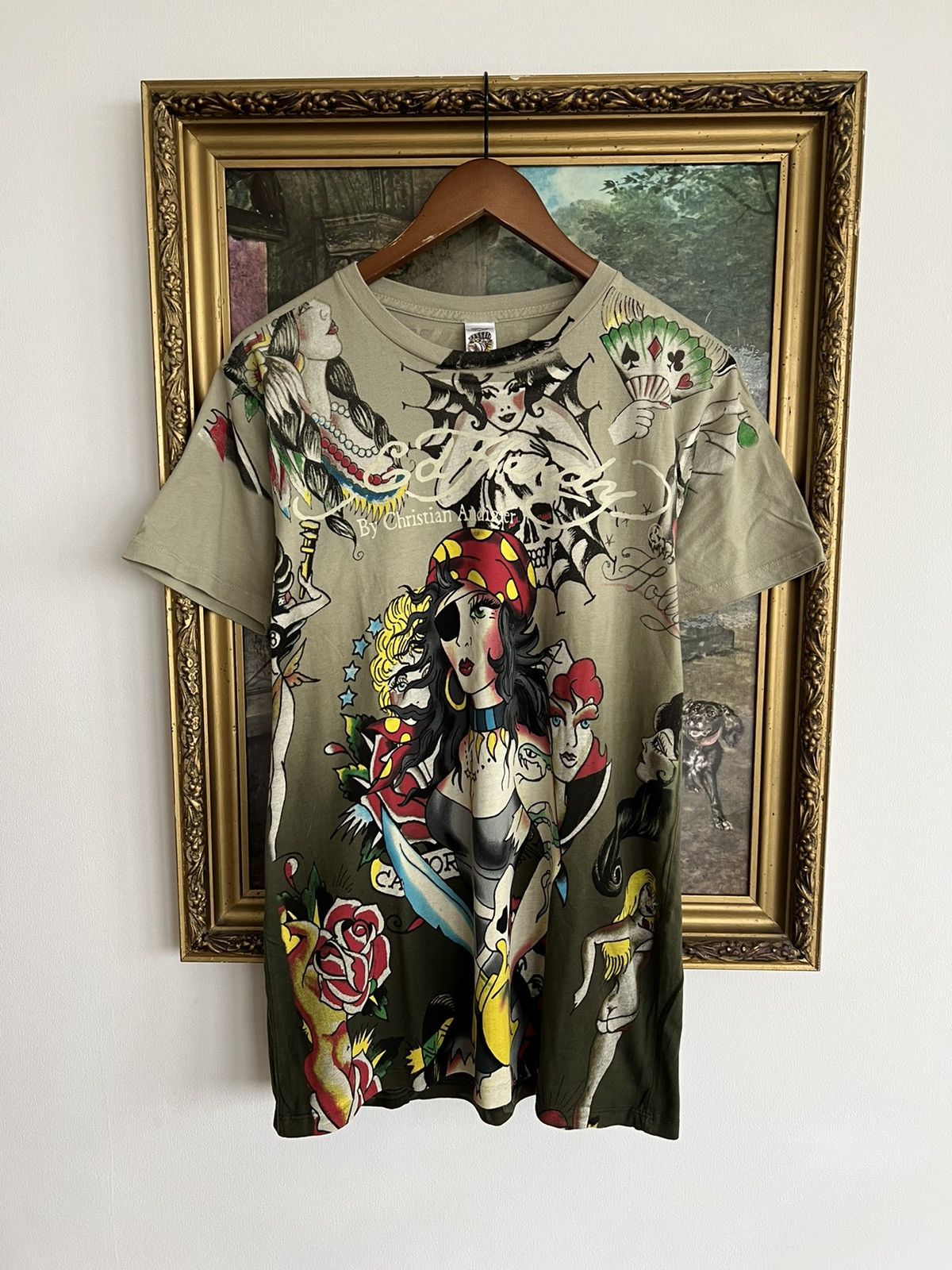 Pre-owned Christian Audigier X Ed Hardy Christian Audigier Girl Pirate All Over Print Tee In Multicolor