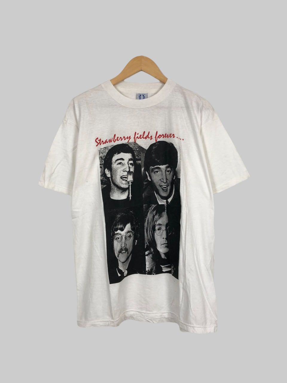 image of Band Tees x Rock T Shirt Vintage 90's The Beatles Strawberry Fields Forever T-Shirt in White (Size 