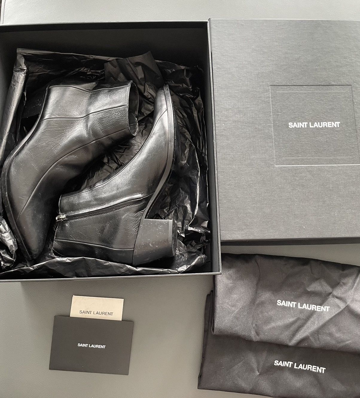Hedi Slimane × Saint Laurent Paris × Yves Saint Laurent $1,350 Super Rare BrandNew Distressed FINN 60 Leather Boots Size US 7 / EU 40 - 11 Thumbnail