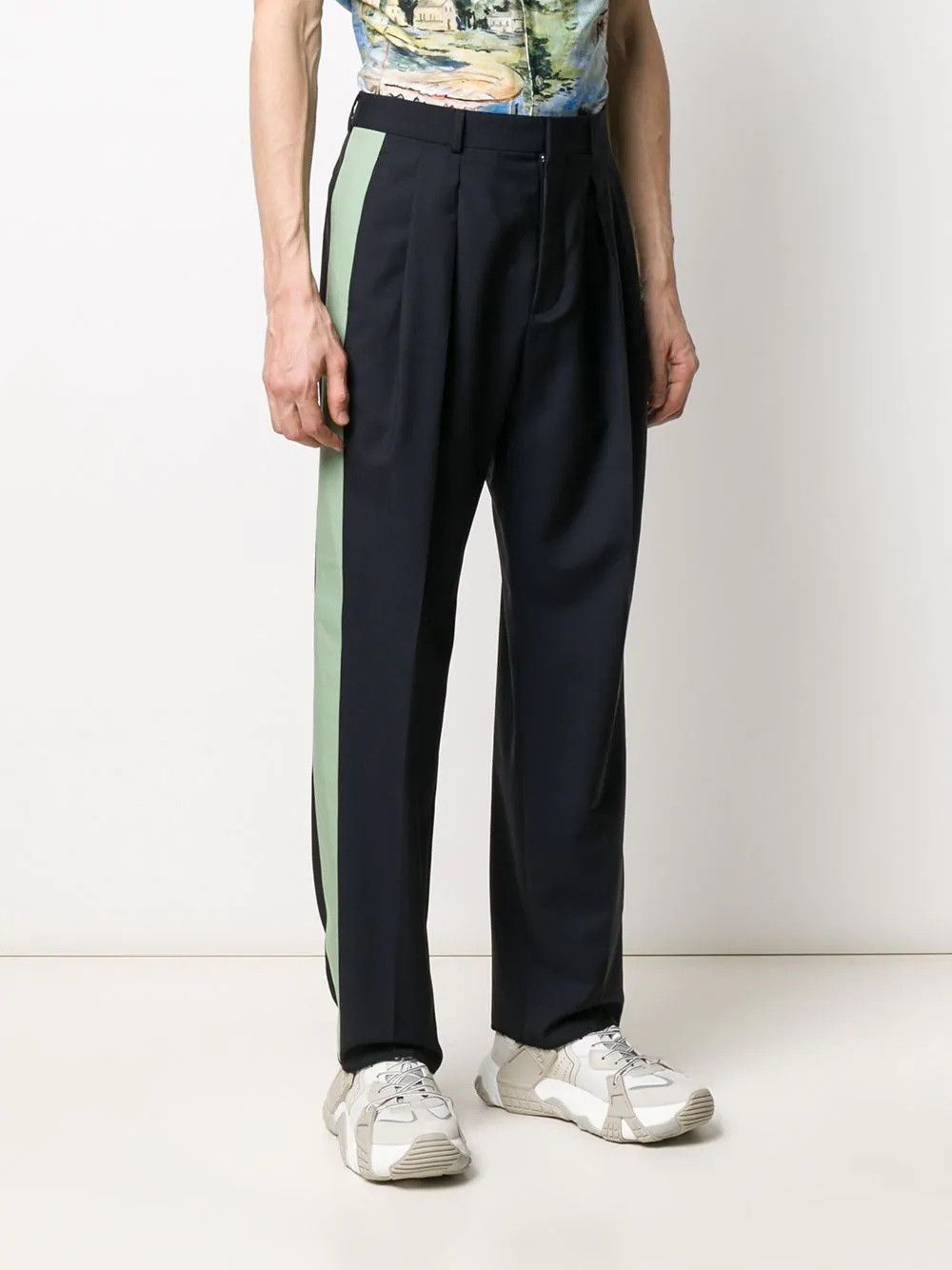 Image of $795 Valentino Blue Contrast-Panel Straight-Leg Trousers in Navy Blue, Men's (Size 30)