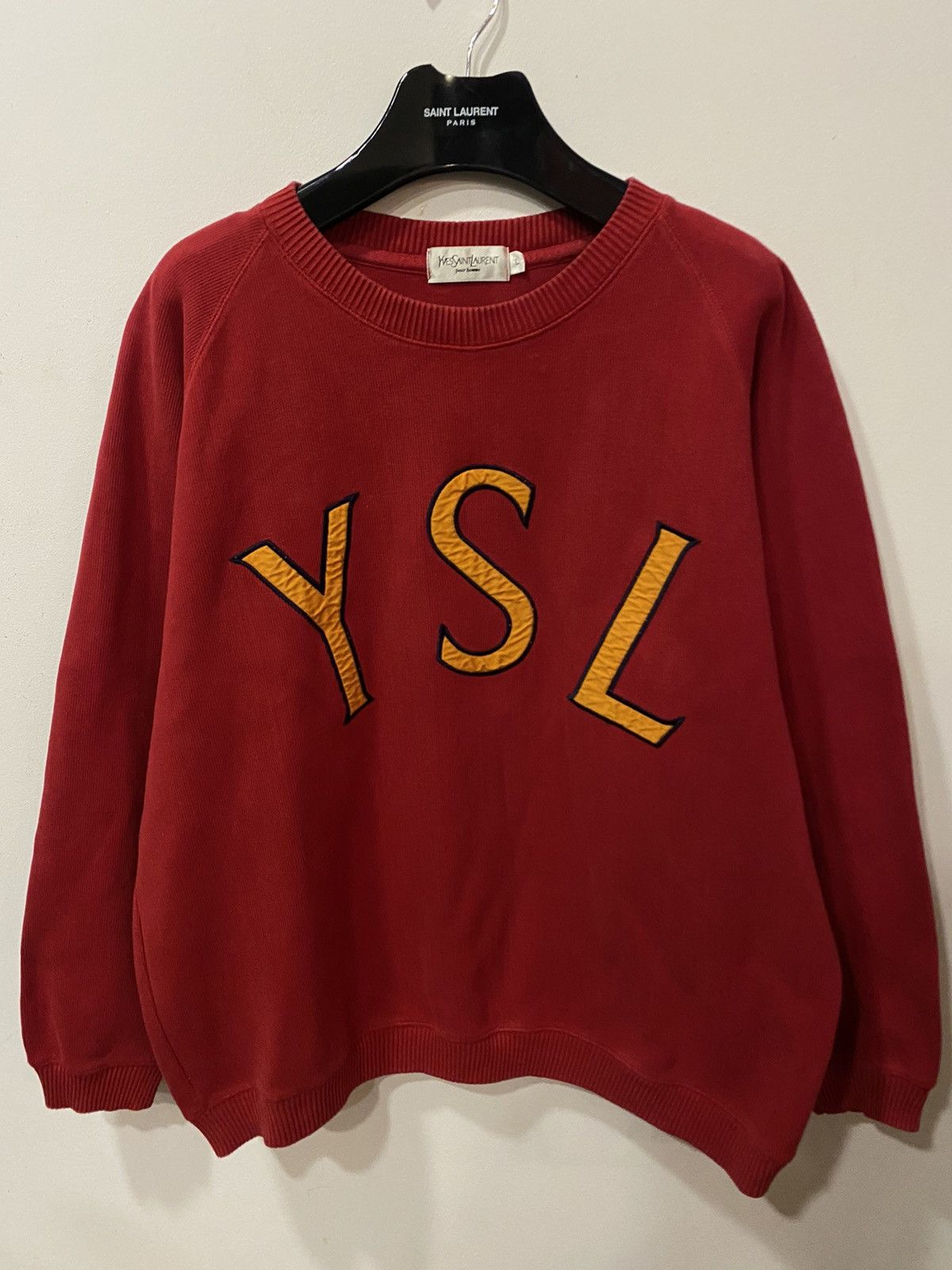 image of YSL Sweatshirt Big Logo YVES Saint Laurent Sweater in Red Yellow Mcdonalds, Men's (Size Large)