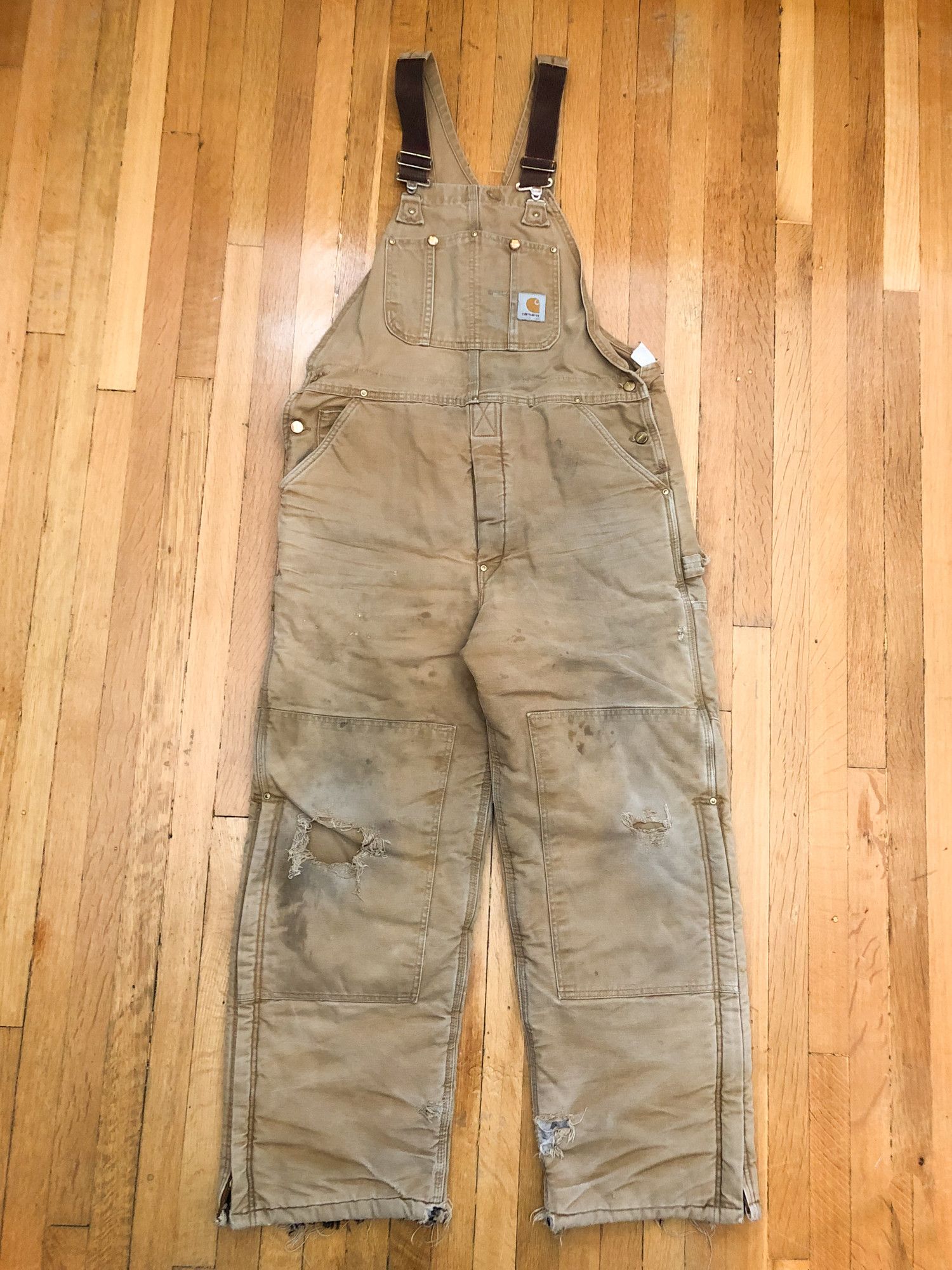 image of 90's Carhartt Tan Distressed Double Knee Overall, Men's (Size 36)