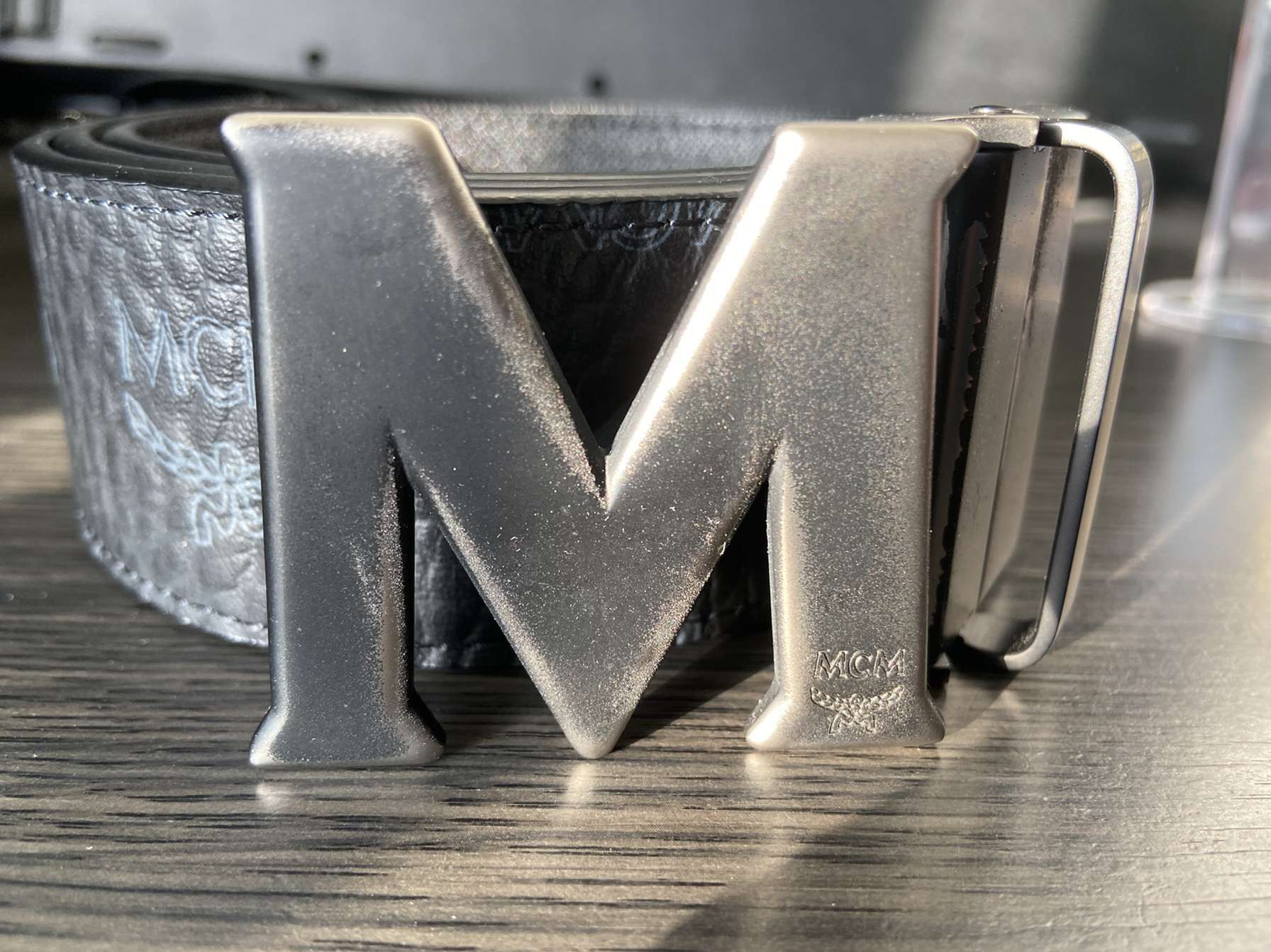 MCM Black Leather Logo Belt