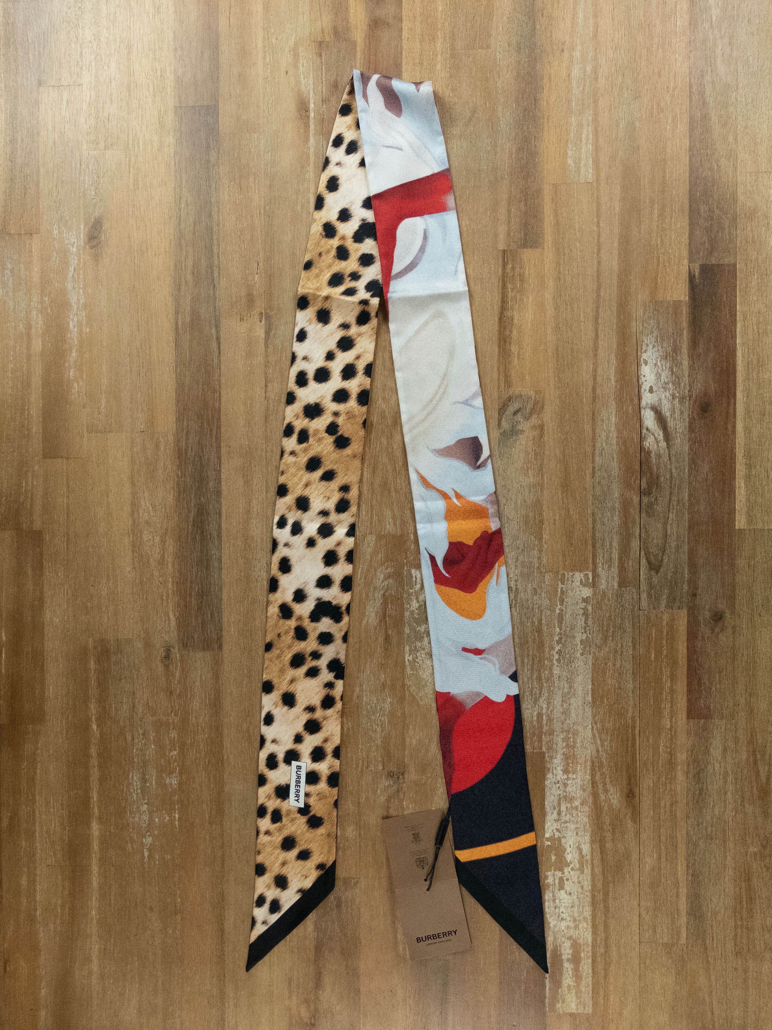 image of Burberry Floral Leopard Reversible Twill Silk Skinny Scarf in Mix, Women's
