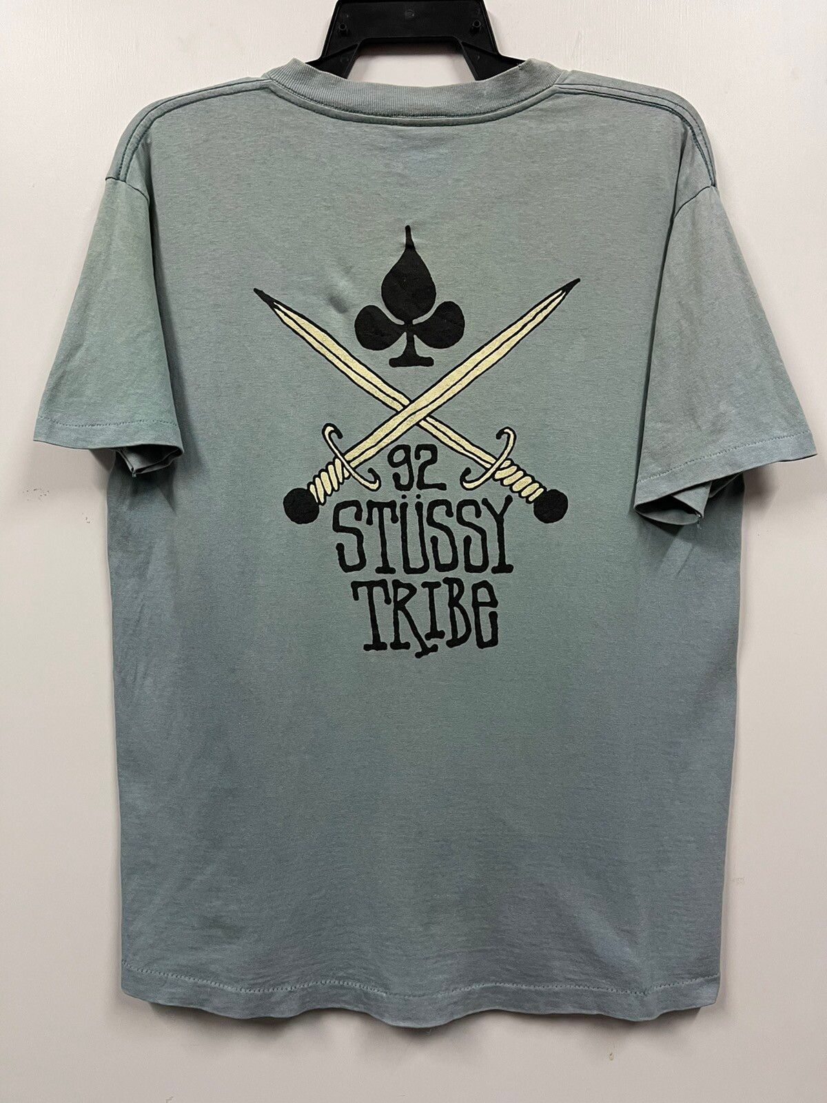 Pre-owned Made In Usa X Stussy Vintage Stussy Tribe Black Tag Single Stitch Faded Tee In Soft Blue