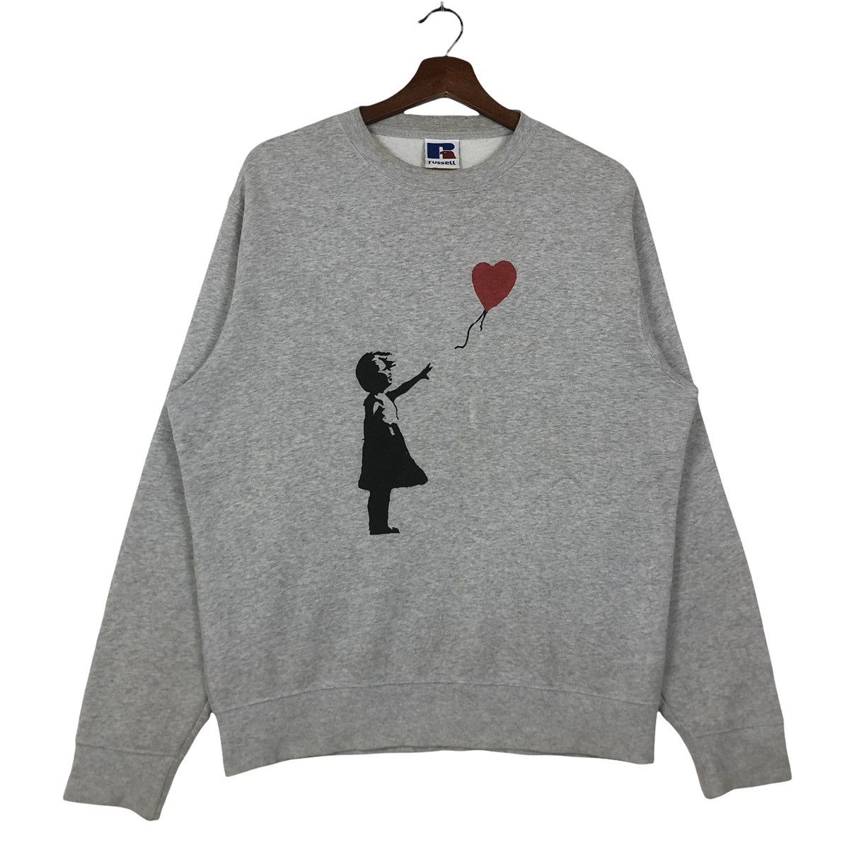 image of Vintage Banksy Art Balloon Girl Sweatshirt in Grey, Men's (Size Medium)