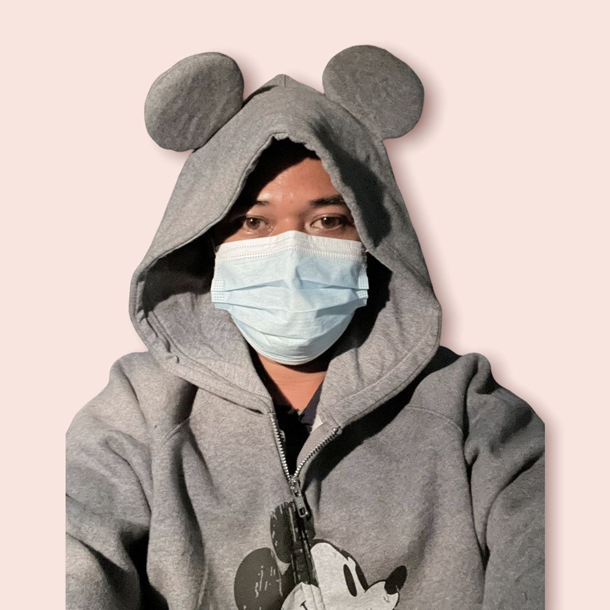 image of Disney x Mickey Mouse VTG Mickey Mouse Ears Hooded Zipper Sweatshirt in Grey, Men's (Size Large)