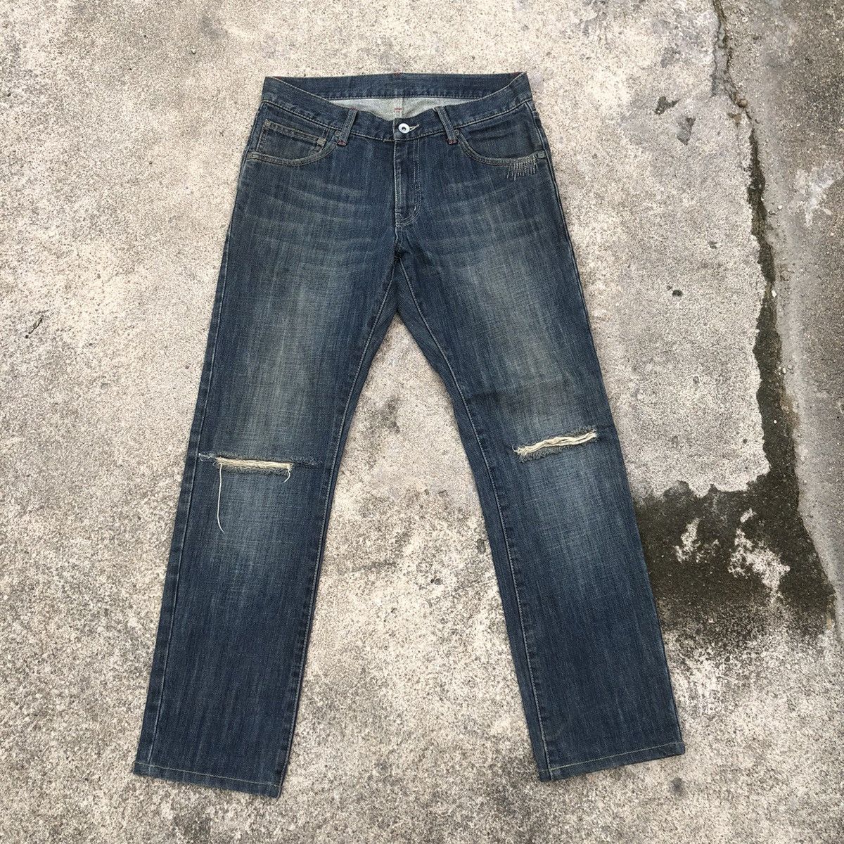 image of Distressed Denim x Vintage hare Exclusive Design Stoned Wash Rips Denim Jeans in Blue Wash (Size 32