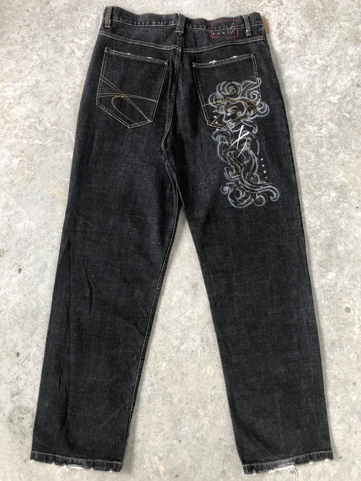 image of Japanese Karl Kani Embroidered Jeans Baggy Jeans Hip Hop in Black, Men's (Size 35)