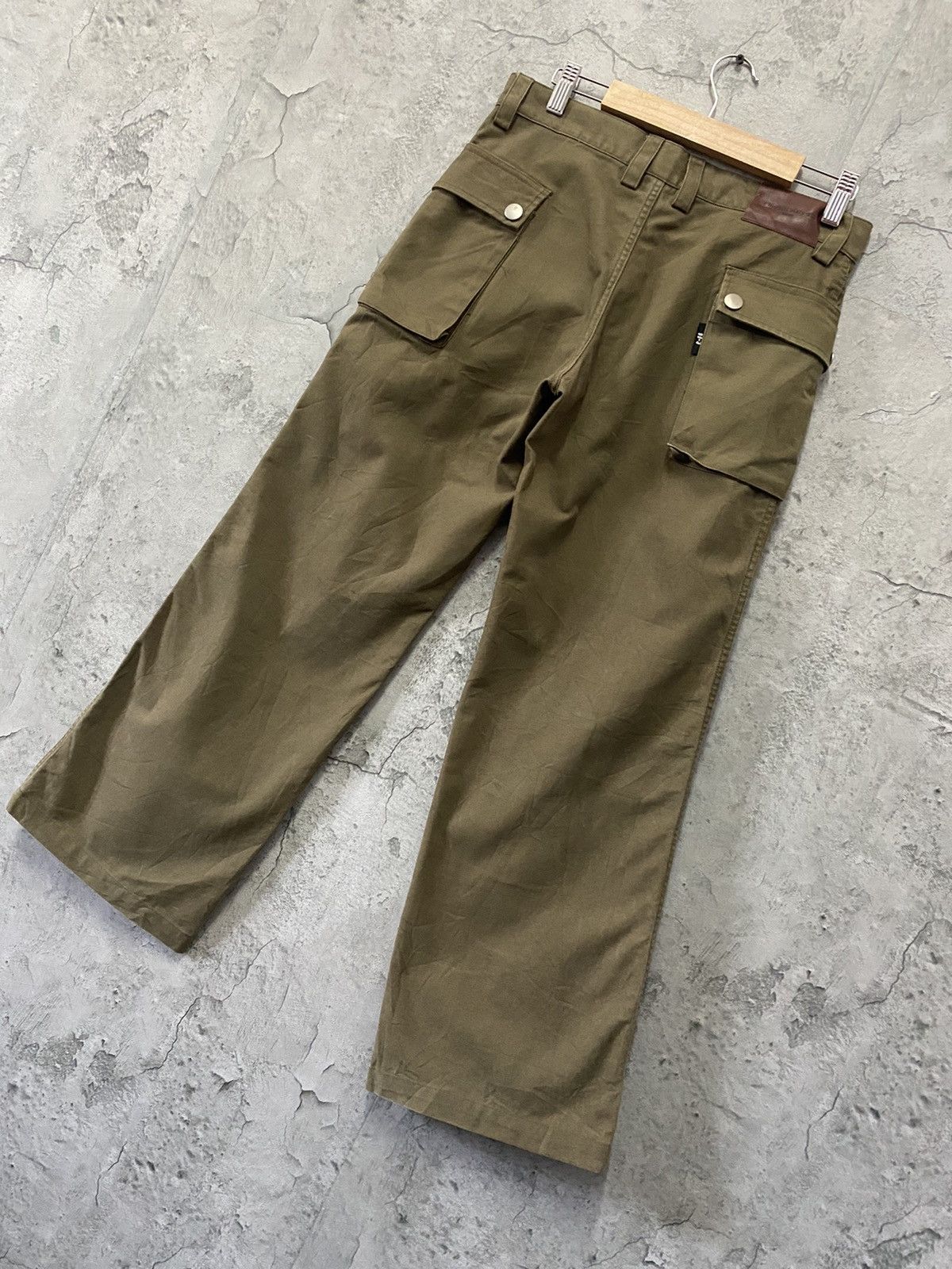 image of Underground E Hyphen 66 Japan Cargo Flared Wide Leg Military Style Pants in Dark Olive (Size 30)