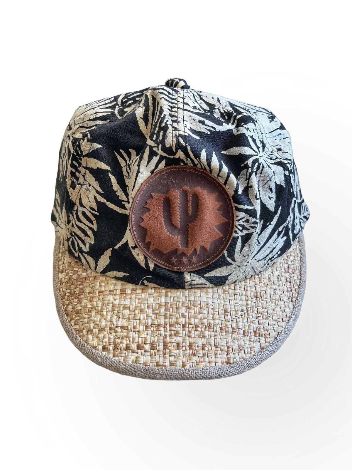 image of Ca4La X Cactus Logo Leather Patch Jute Brim Cap Hat in Brown Tan, Men's