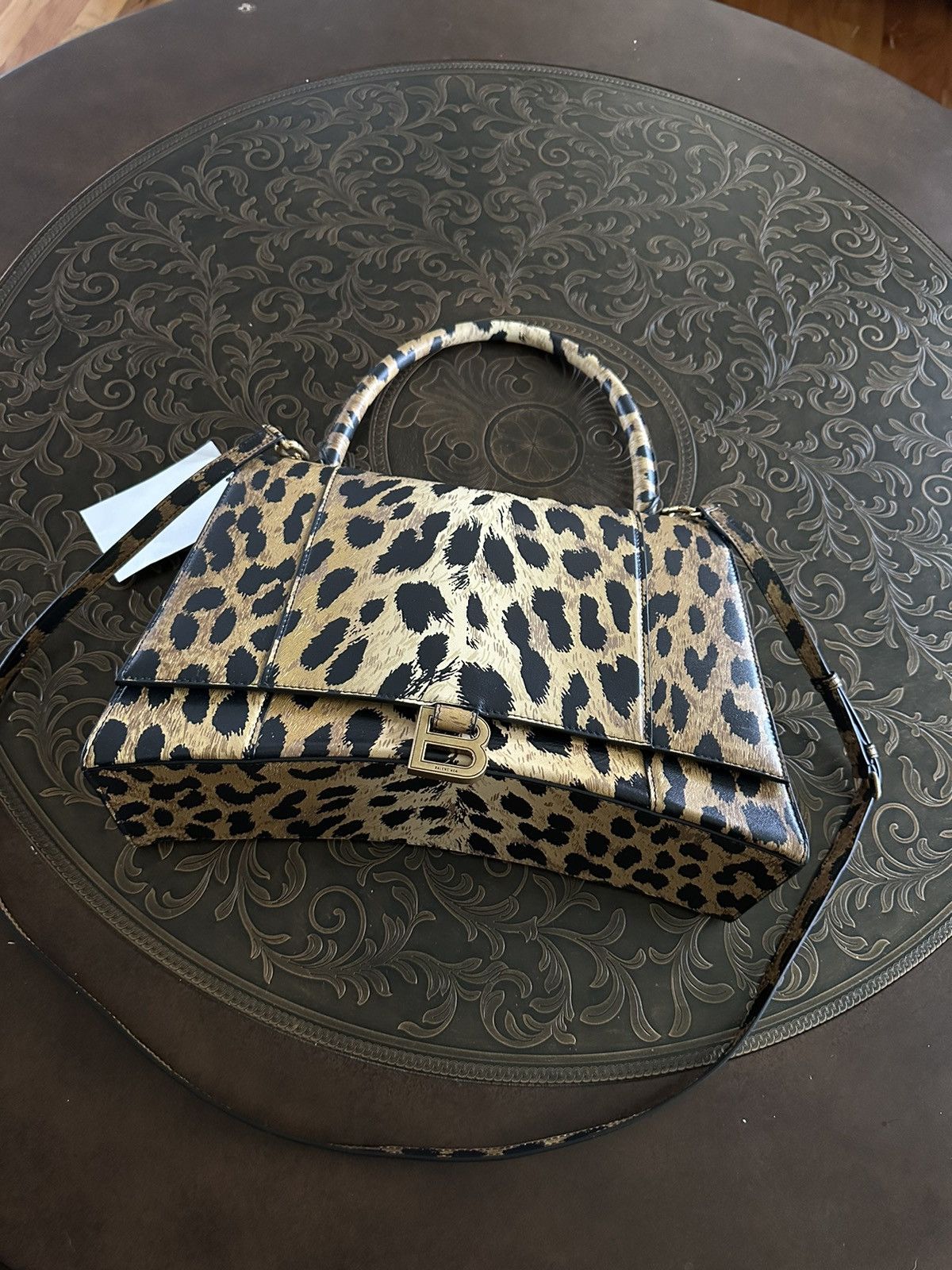 BALENCIAGA Medium Leopard Print Hourglass Top Handle Bag