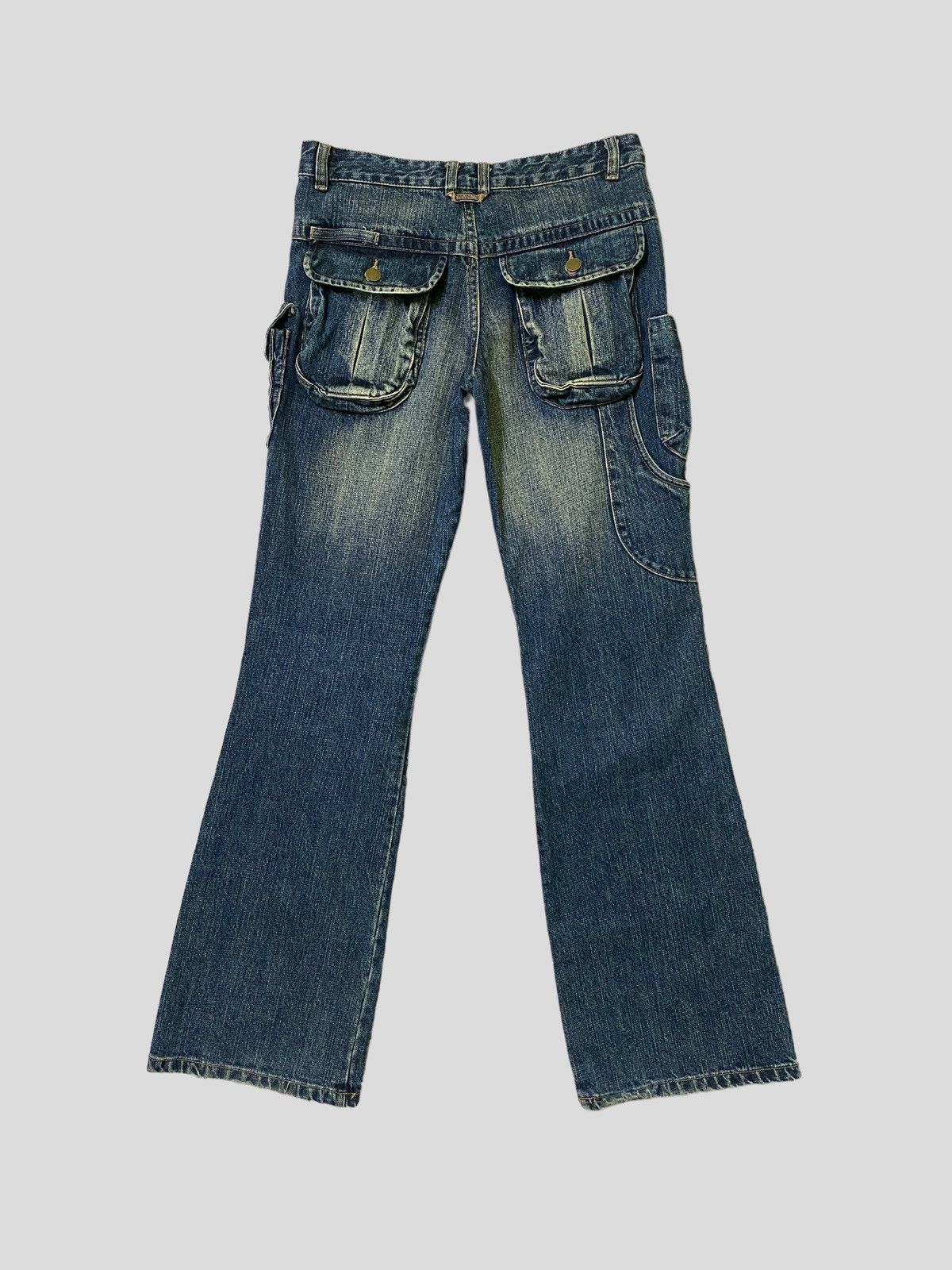 image of Vintage Flared Cargo Aft Jeans 3D Multipocket Boot Cut Denim in Grey Blue, Men's (Size 26)