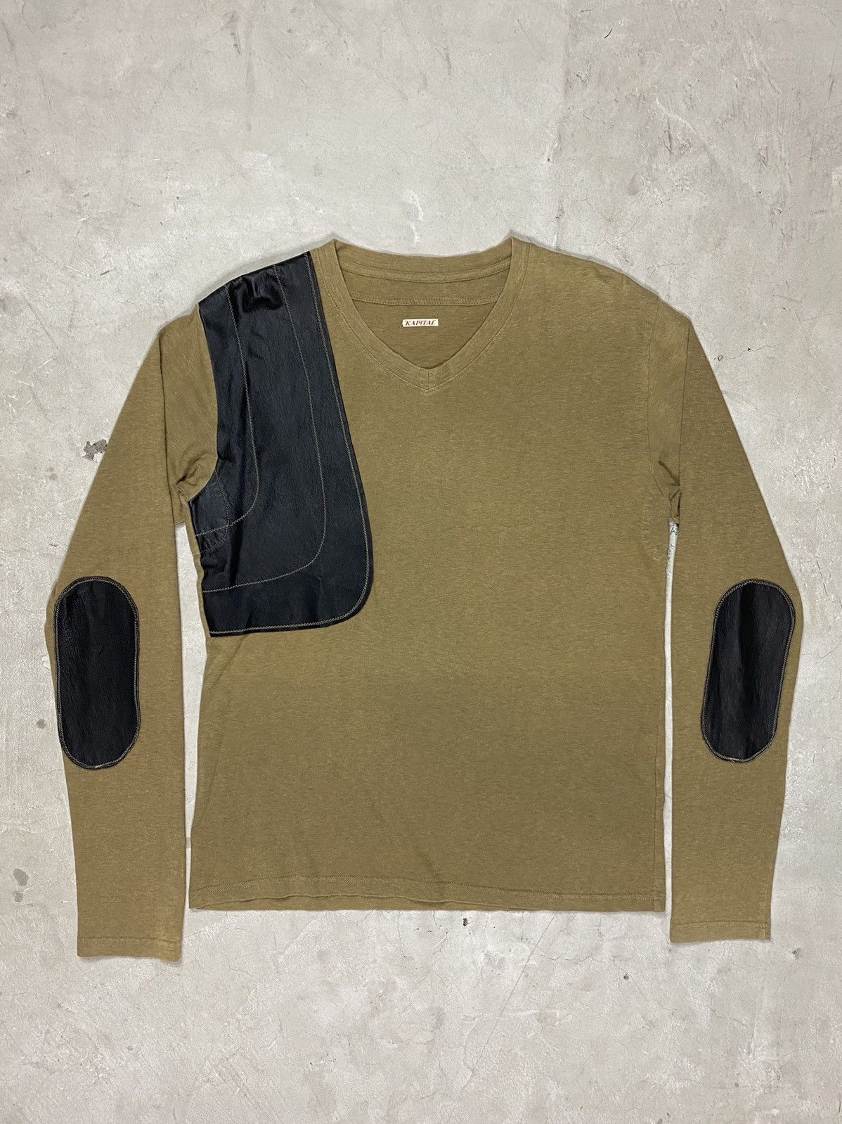 image of Kapital V Neck Leather Detail Shooting Shirt in Olive, Men's (Size XL)