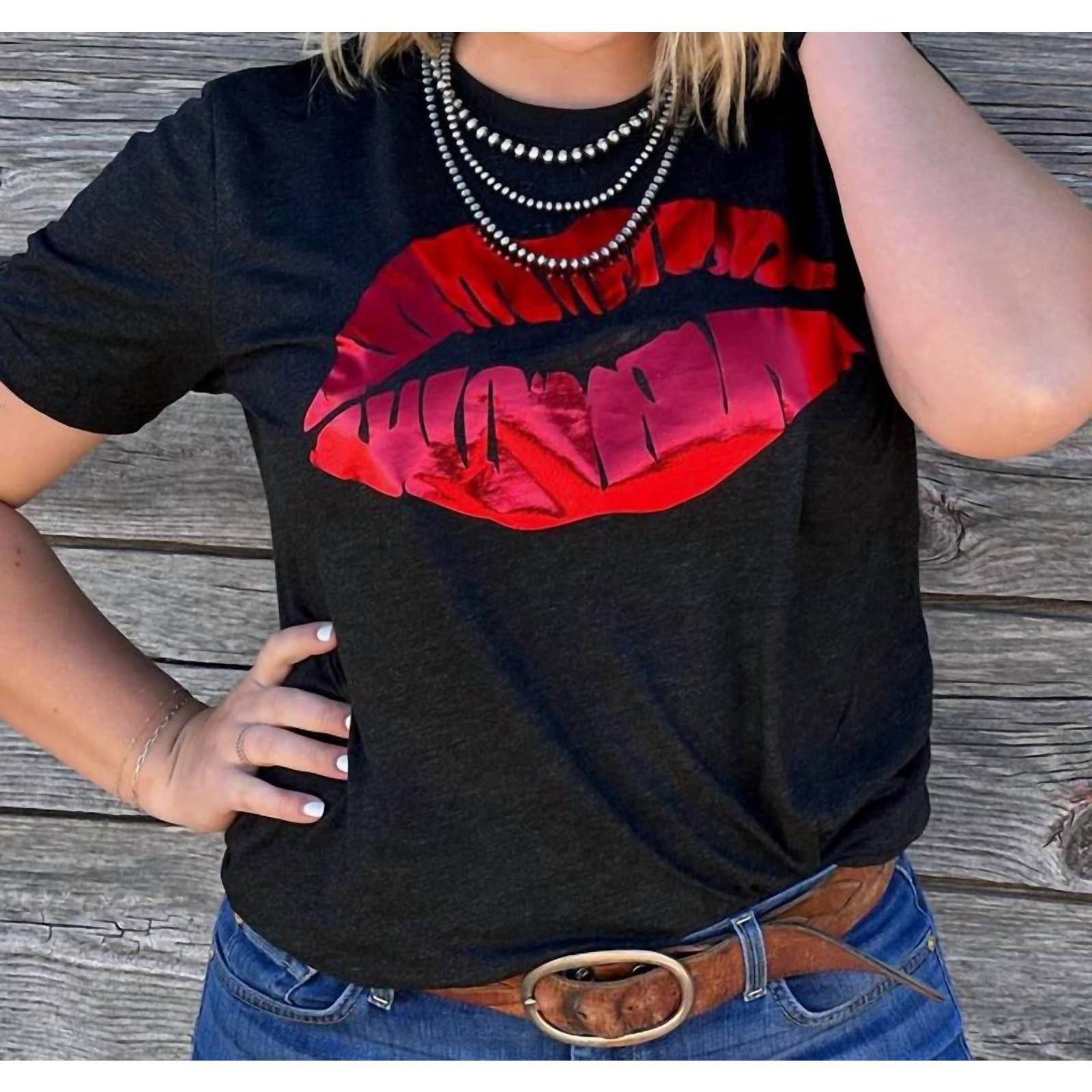 Designer TEXAS TRUE THREADS Red Foil Lips Tee In Black | Grailed