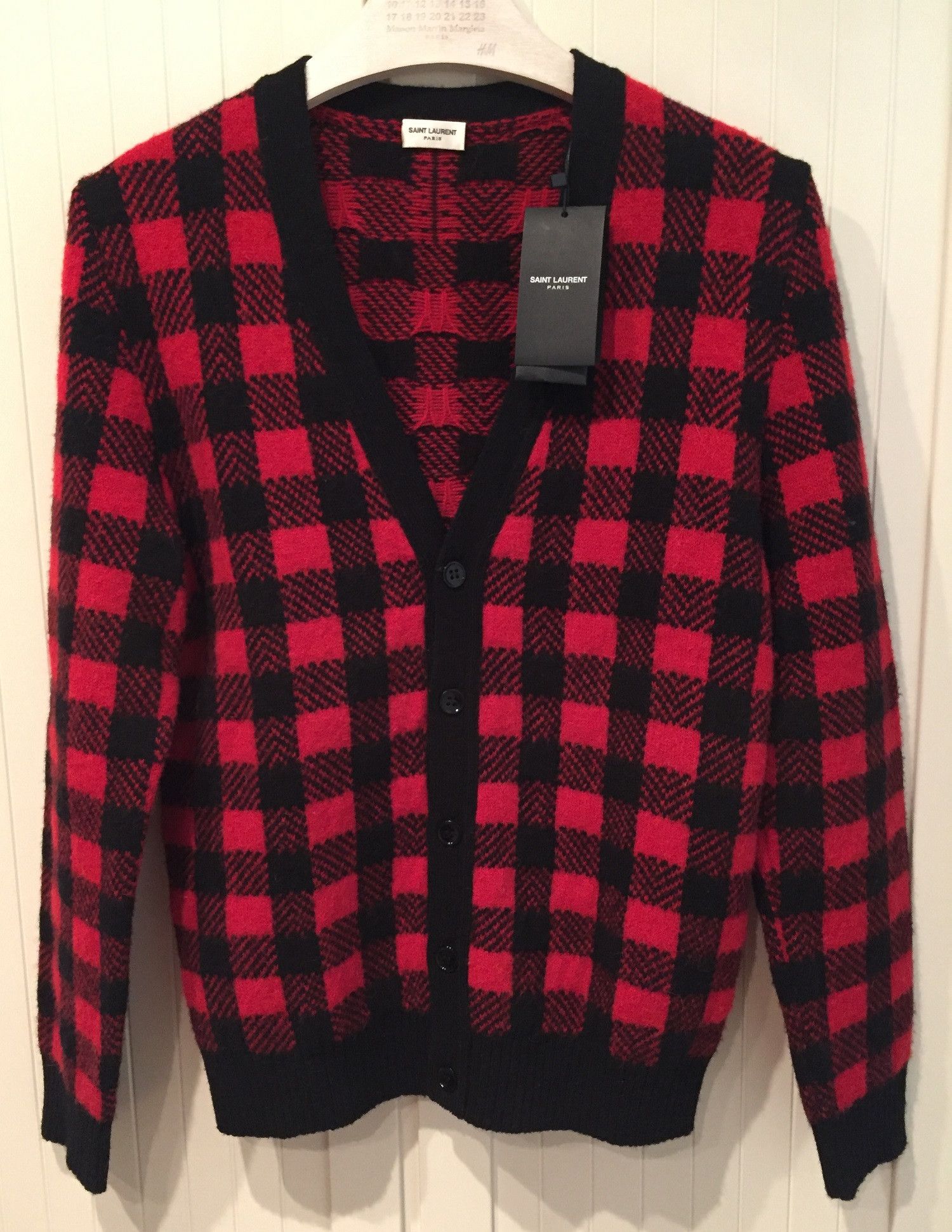 image of Hedi Slimane x Saint Laurent Paris Fw'14 Red Check Wool Cardigan in Red Black, Men's (Size Small)